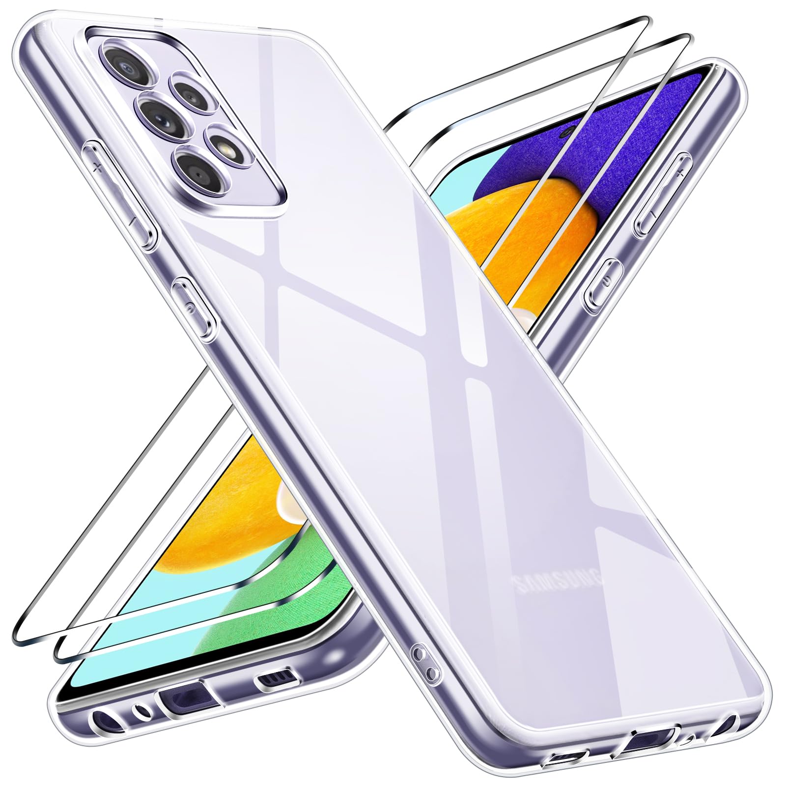 iVoler Custodia Cover per Samsung Galaxy A52 4G / 5G / A52S 5G con 3 Pezzi Pellicola Vetro Temperato, Ultra Sottile Morbido TPU Trasparente Silicone Antiurto Protettiva Case