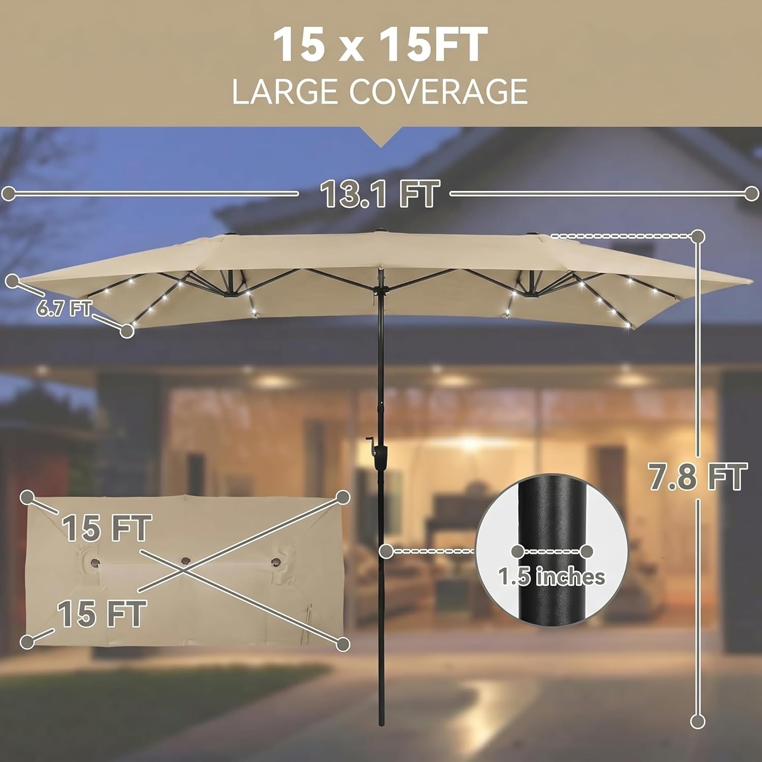 15×15ft Outdoor Patio Umbrella, Double Sided Market Rectangle Umbrella with Crank Handle, Large Sun Shade for Outside Deck, Backyard, Garden（Gray）