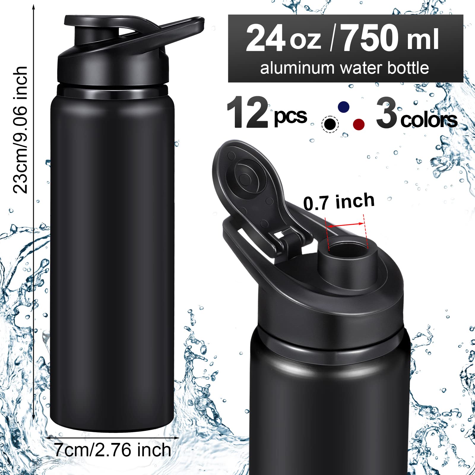 Set di 12 bottiglie d'acqua in alluminio sottovuoto in metallo per sport e bici, riutilizzabili, con coperchio, per palestra, sport, campeggio, escursionismo, pesca (680,4 g)