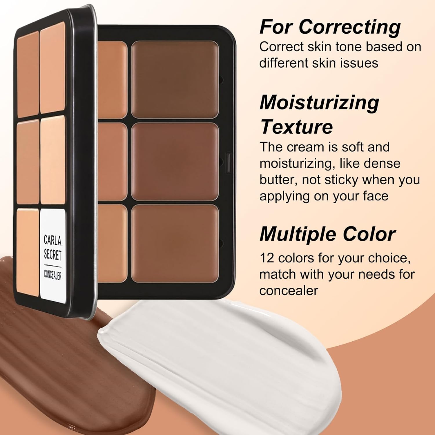 12 Colors Cream Concealer Foundation Palette & Makeup Brush Set, Long-Wearing Smudge Proof Blendable Full Coverage Cream Contour Blush Highlighter Color Correcting Concealer Foundation Palette Makeup - Image 4