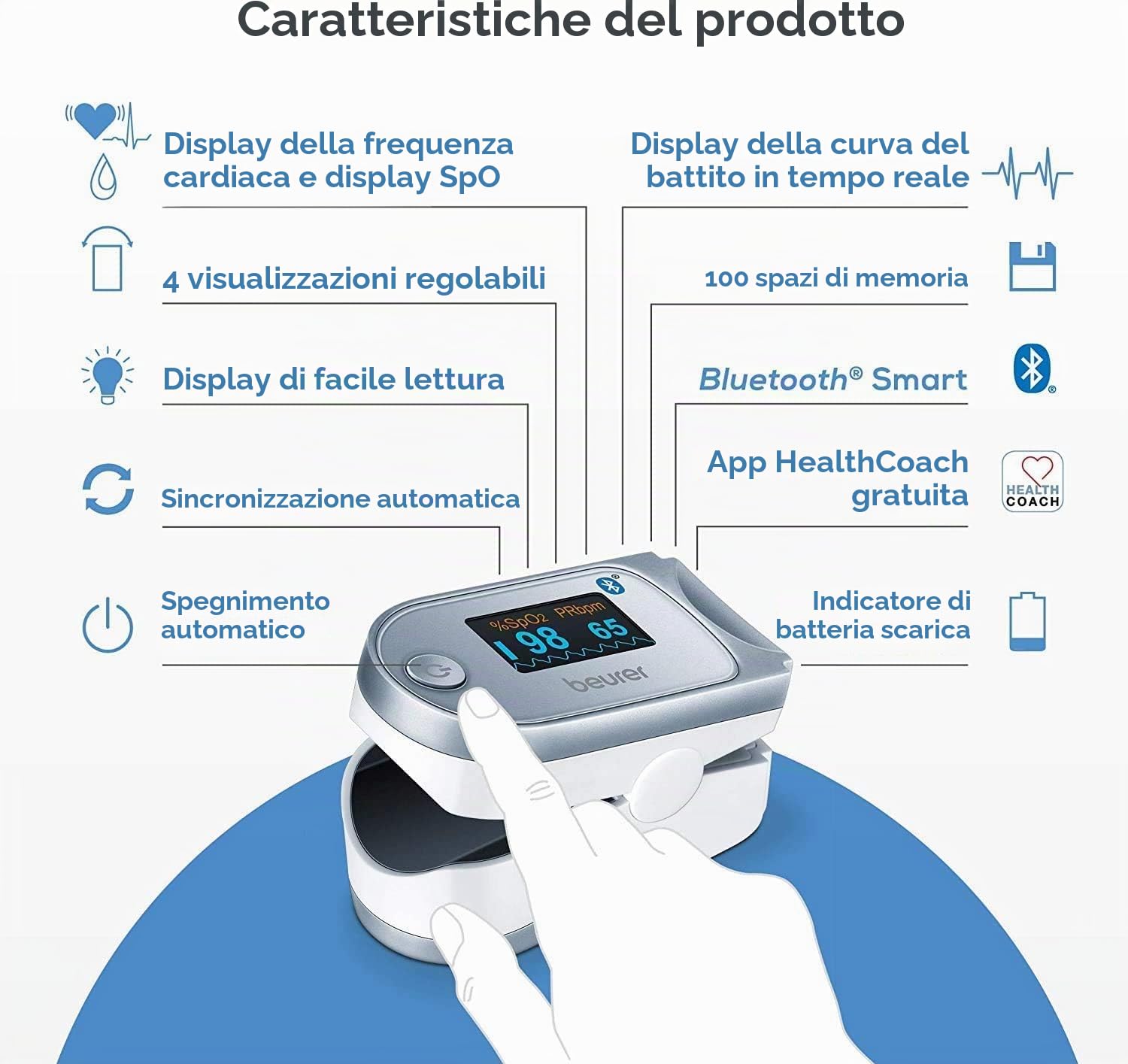 Beurer PO 60 Saturimetro Bluetooth a Lettura Istantanea con Visualizzazione Grafica del Battito Cardiaco e 100 Posizioni di Memoria