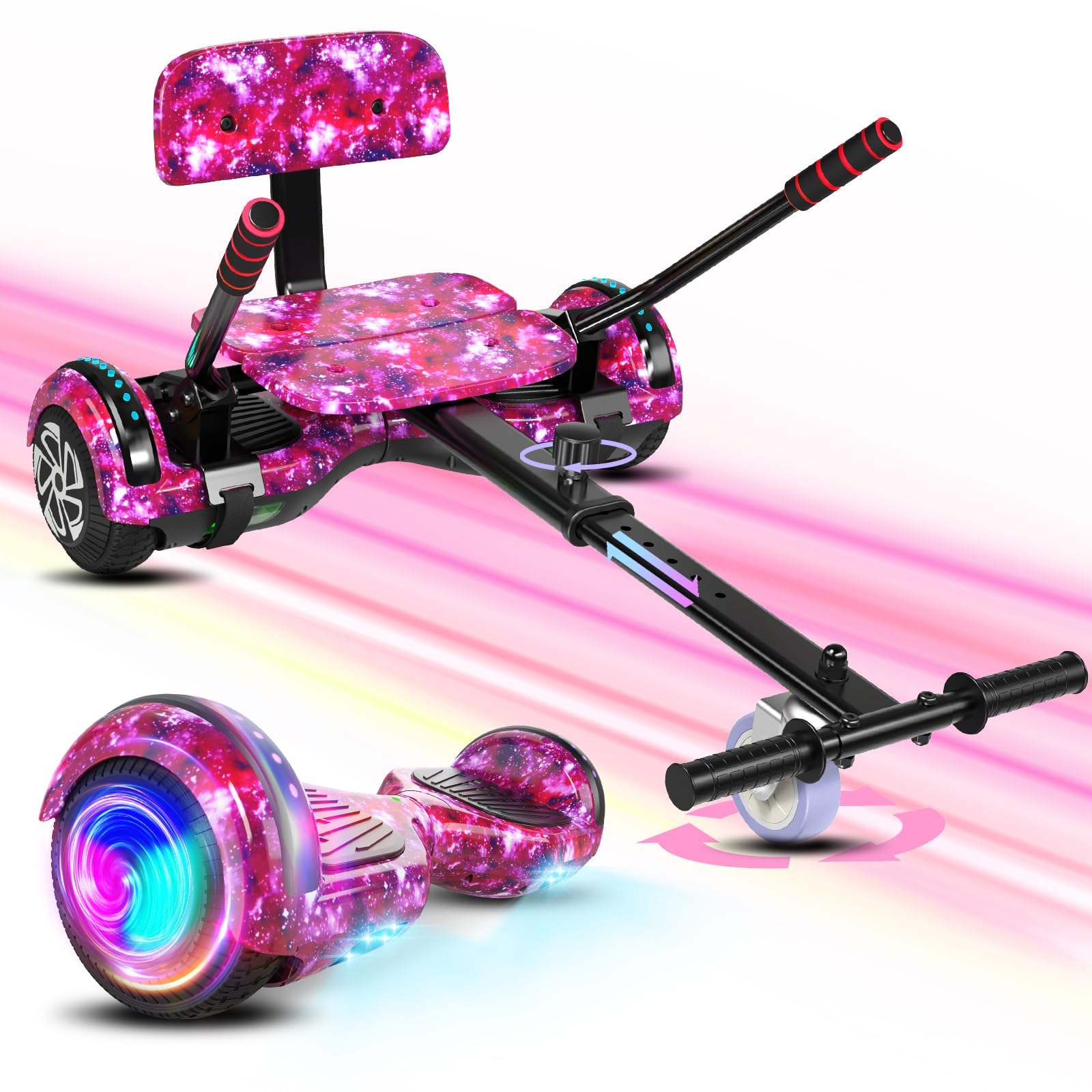 Scooter with Seat Attachment for Kids Adults, 6.5'' 8.5''Balancing Scooter with Bluetooth Speakers & Colorful LED Light with Kart