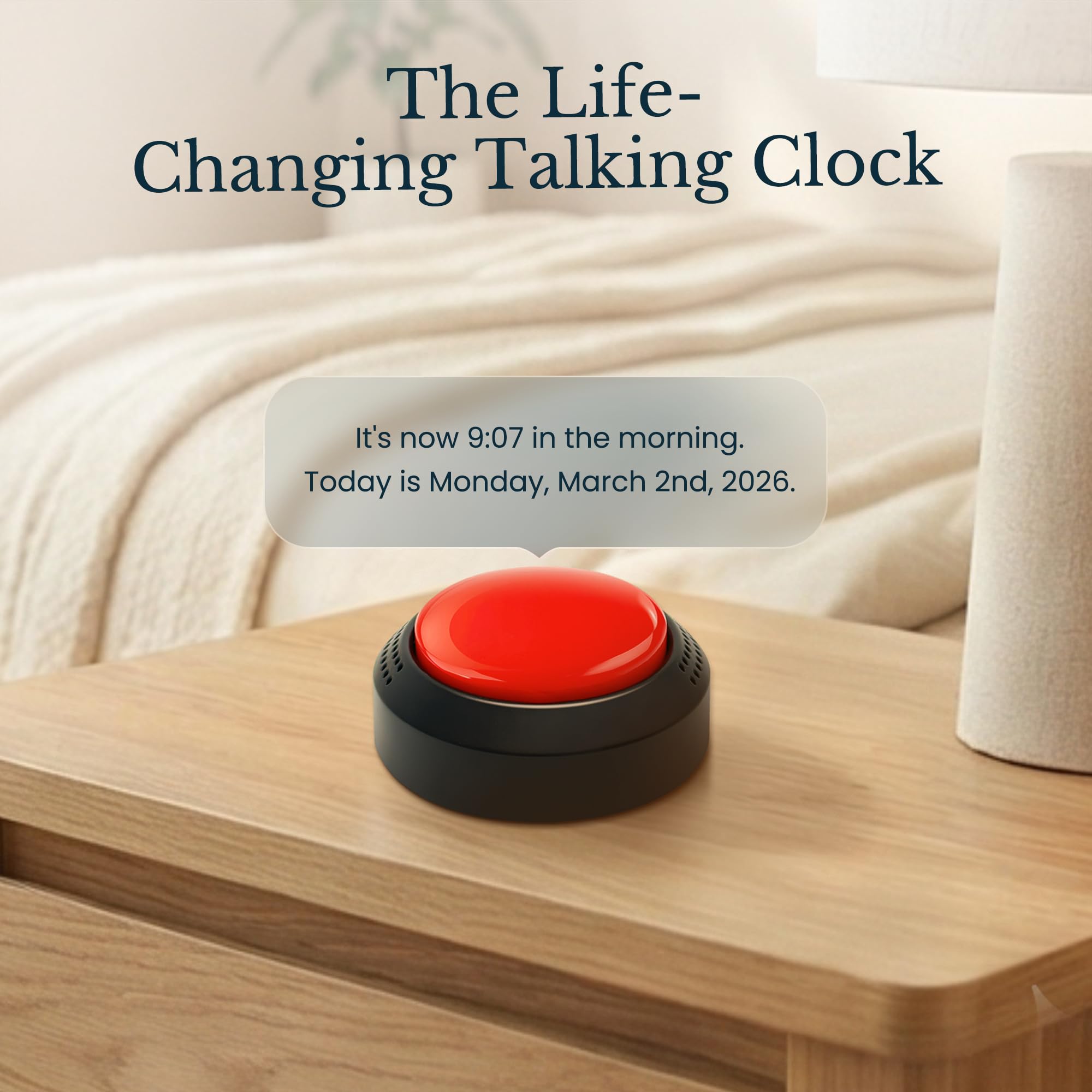 Reloj despertador parlante grande con botón para personas con discapacidad visual, demencia y alivio del estrés del Parkinson con mensajes de voz y aplicación iOS y Android para recordatorios fáciles