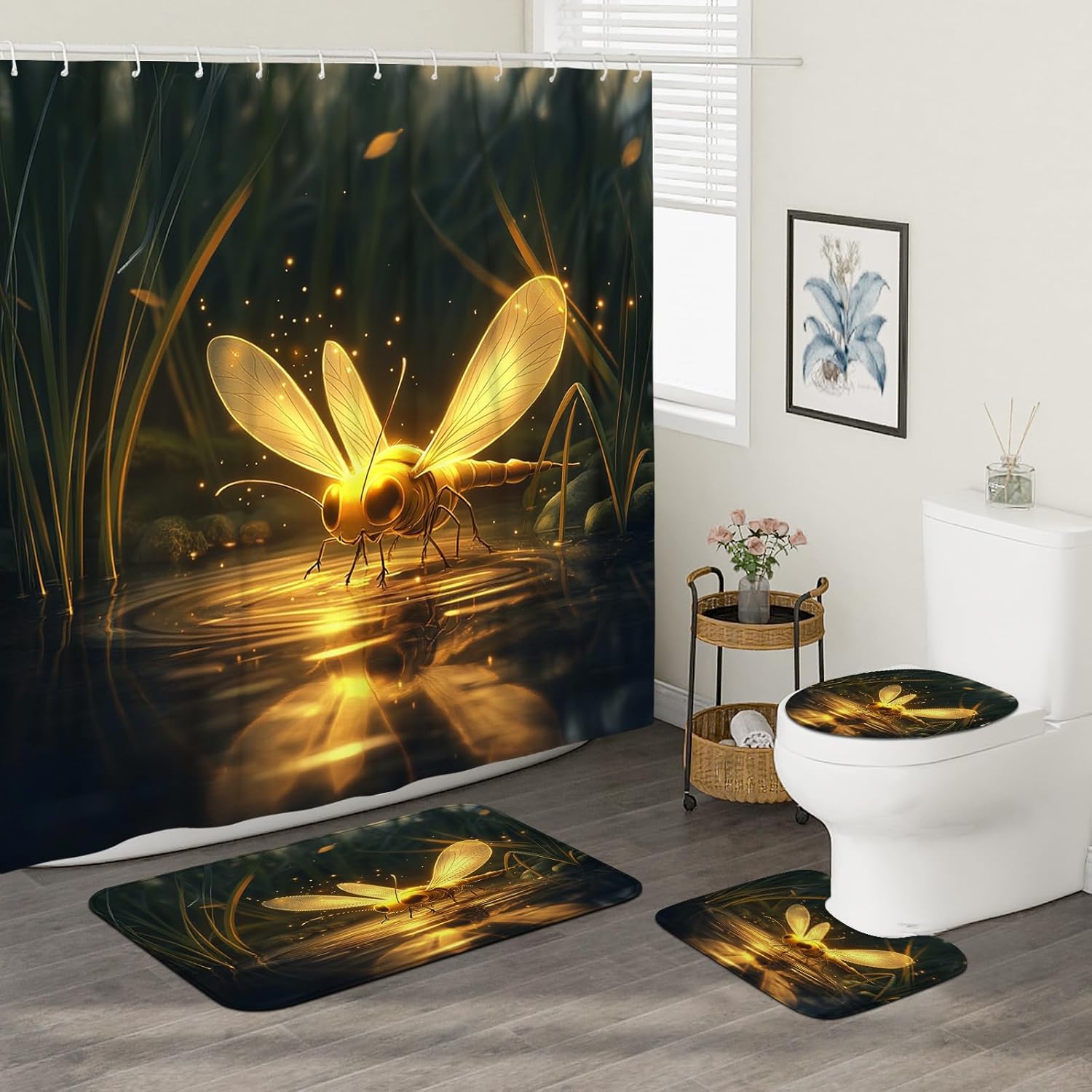 4PCS Kids Fun Firefly Bathroom Sets, Bath Accessory with Non-Slip Rug, U Shape and Toilet Lid Cover Mat, Fantasy Cartoon Insect Bathroom Decor-72''x72''