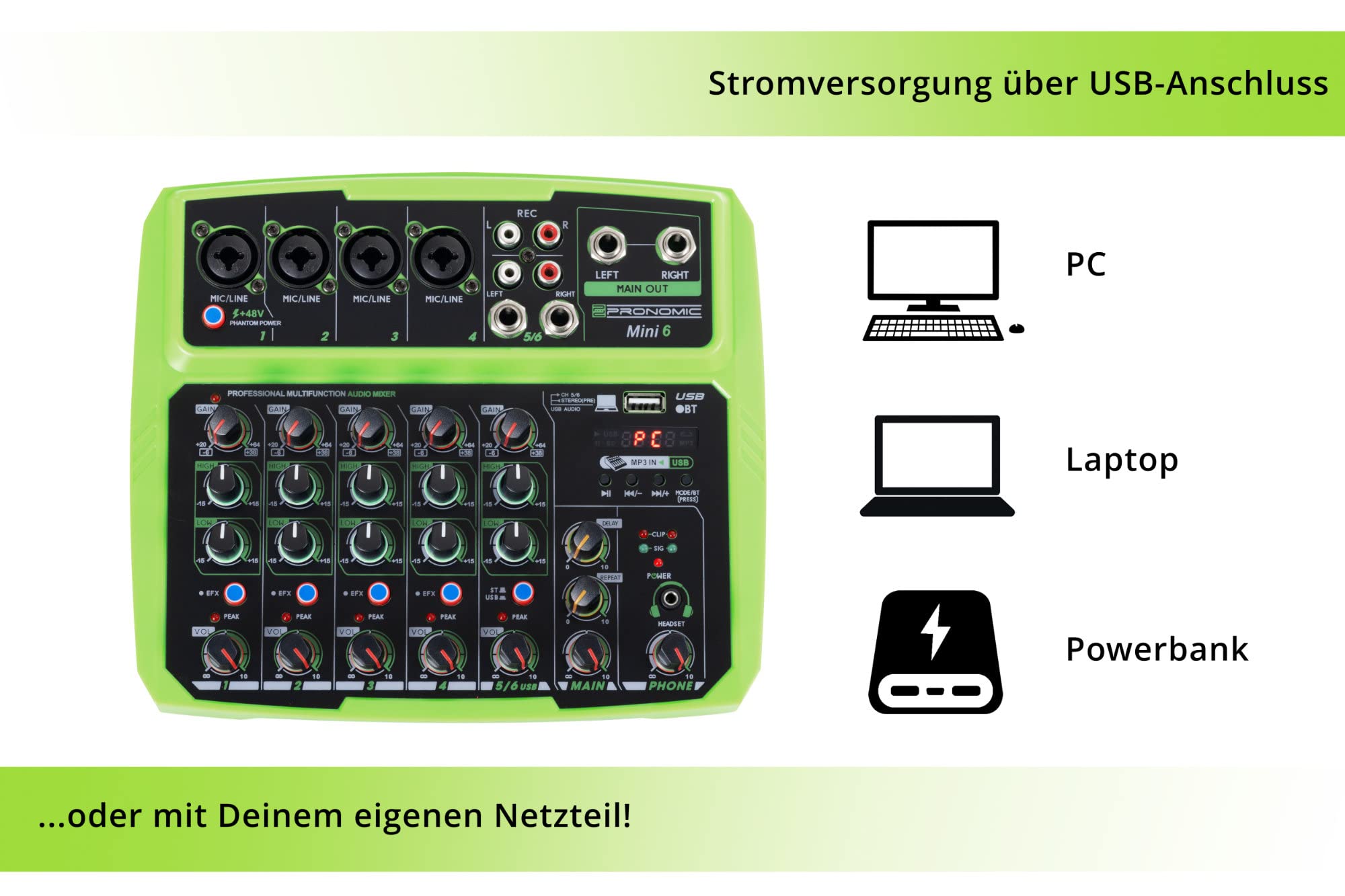 Pronomic Mini6 6-Channel Mixer with Multimedia Player - USB Powered, 4 Combo Jacks, Stereo Input, Bluetooth®, Audio Interface - Green