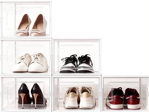 Cajas de zapatos, pilas sin derribar, las cajas de almacenamiento modulares se combinan libremente para su uso en armarios, debajo de camas,