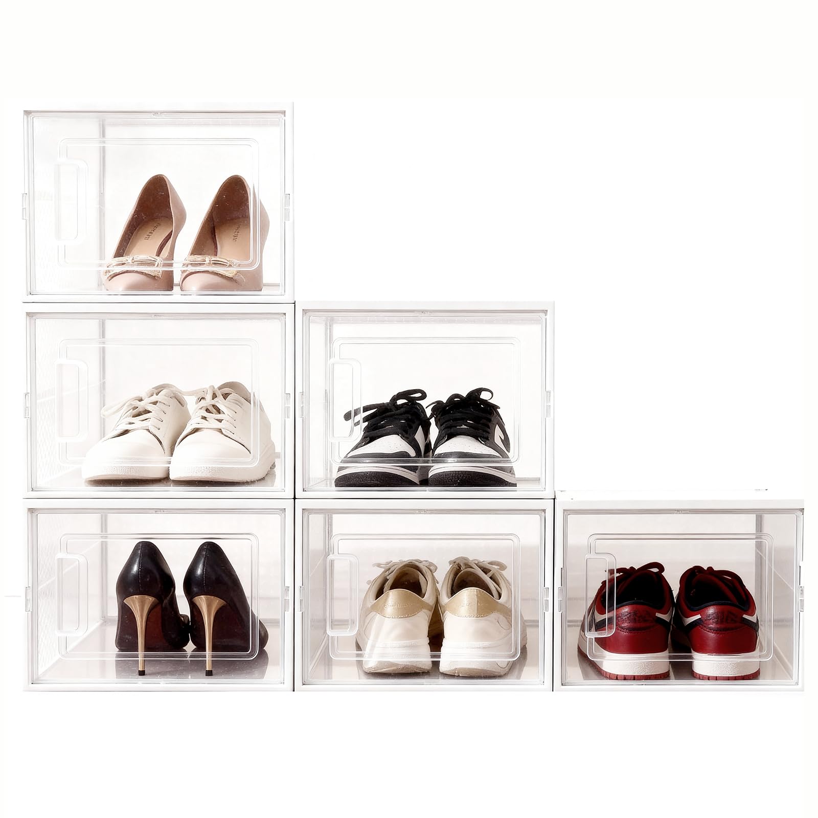 Shoe Storage Boxes, Stack Without Toppling Modular storage boxes combine freely for use in closets, under beds, hallways, and entryways. Space-saving. (Transparent, 6 Pack)