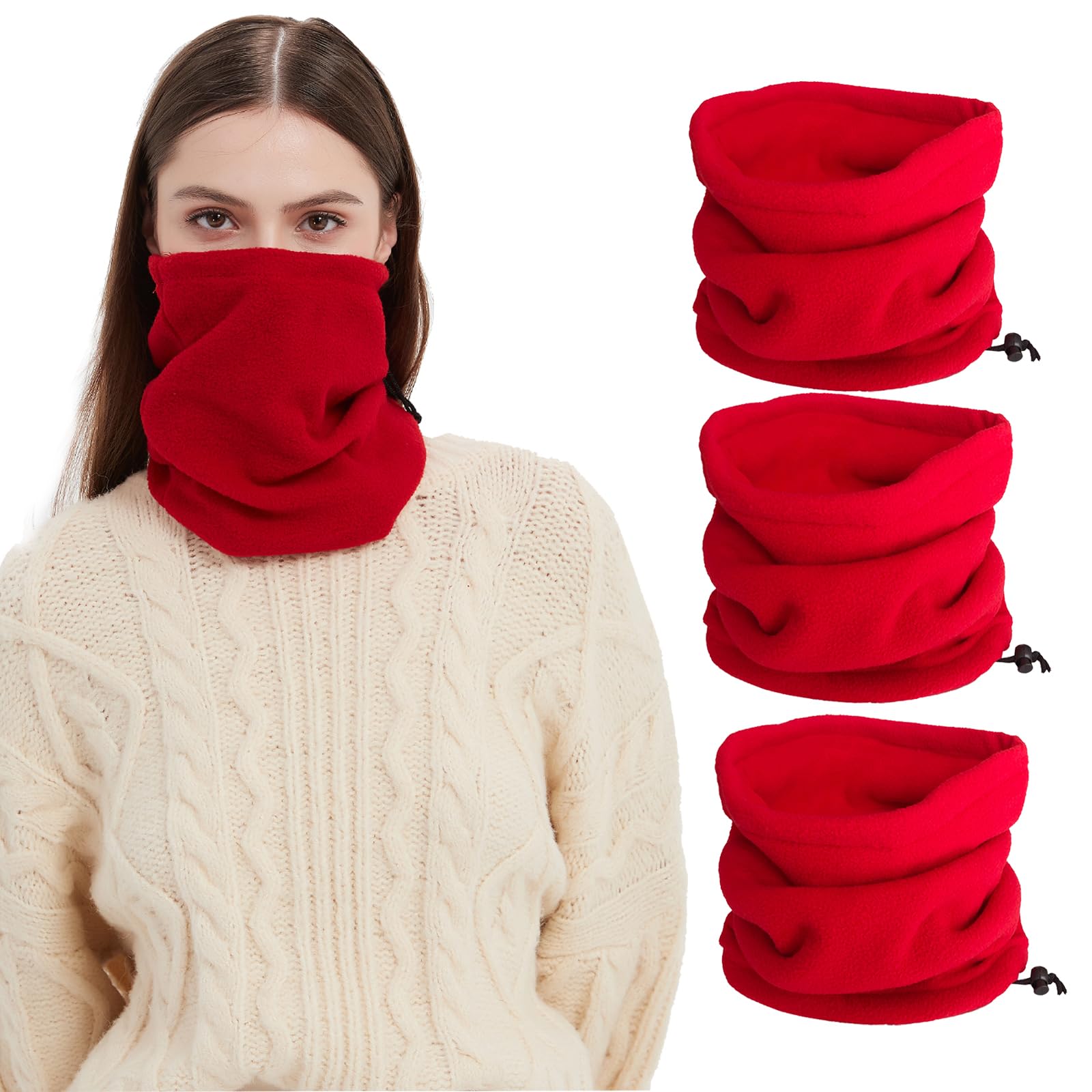 Golden Apple Unisex Red 3Pcs Winter Neck Warmer Neck Gaiter Fleece Skiing Cycling Windproof Balaclava Scarf For Men Women (Red)