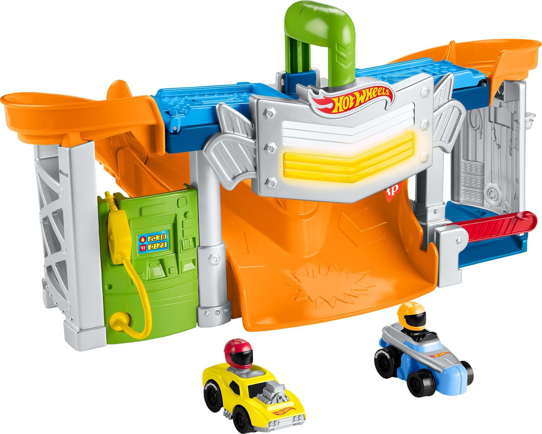 Little People Hot Wheels Race Track for Toddlers with Lights Sounds and 2 Wheelies Cars, Race and Go Track Set