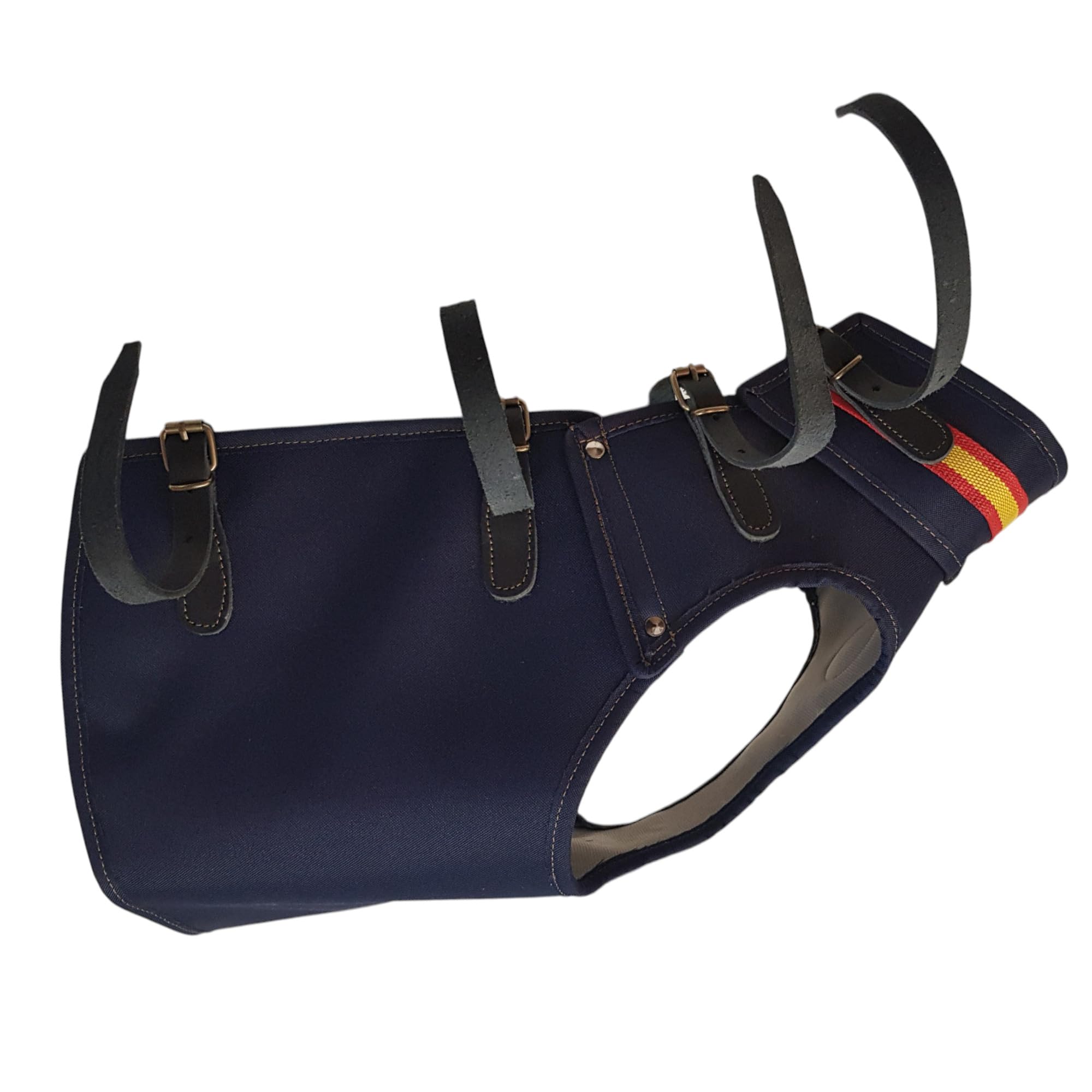 Chaleco Protector para Perros de Caza, contra embestida de jabalí, Azul Marino con Bandera España, Ajustable con Hebillas (Large-Diametro Pecho 55 a 60 cm)
