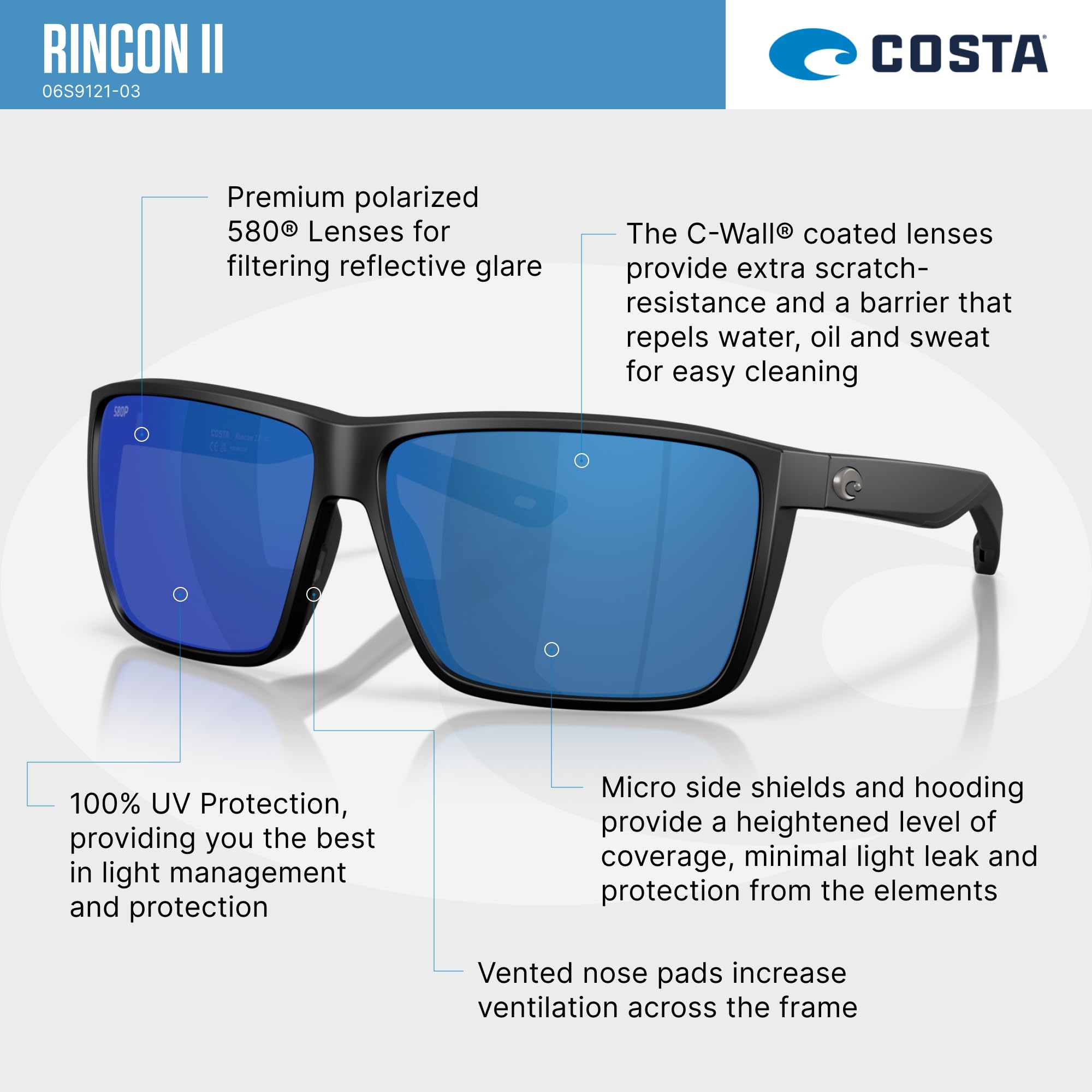Costa Del Mar Rincon II - Lentes de sol rectangulares para hombre, color terracota mate/dorado con espejo polarizado, 580 g, 64 mm