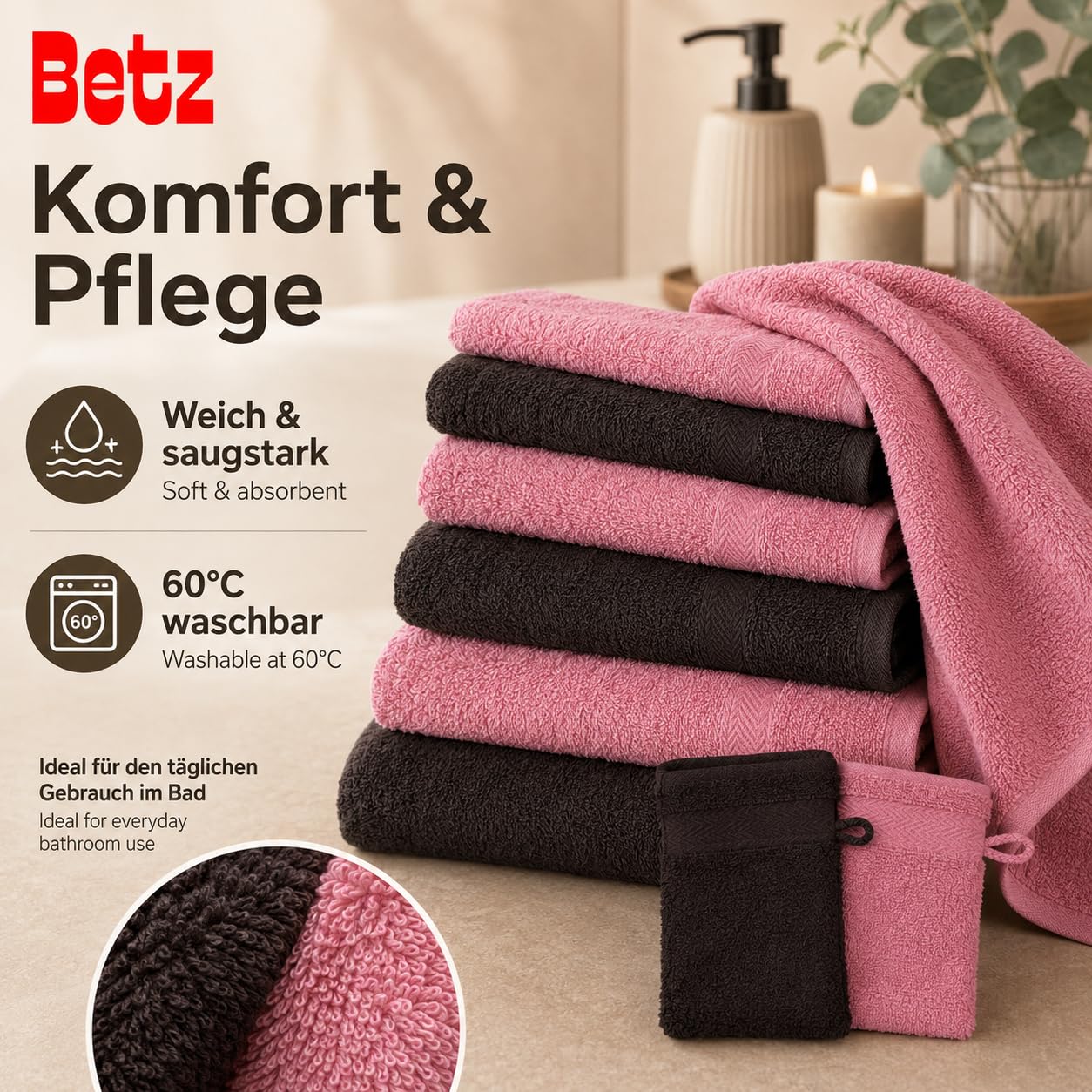 Betz 10-częściowy zestaw ręczników premium 100% bawełna 2 ręczniki kąpielowe 4 ręczniki do rąk 2 ręczniki dla gości 2 rękawice do mycia kolor ciemny brązowy i brudny róż