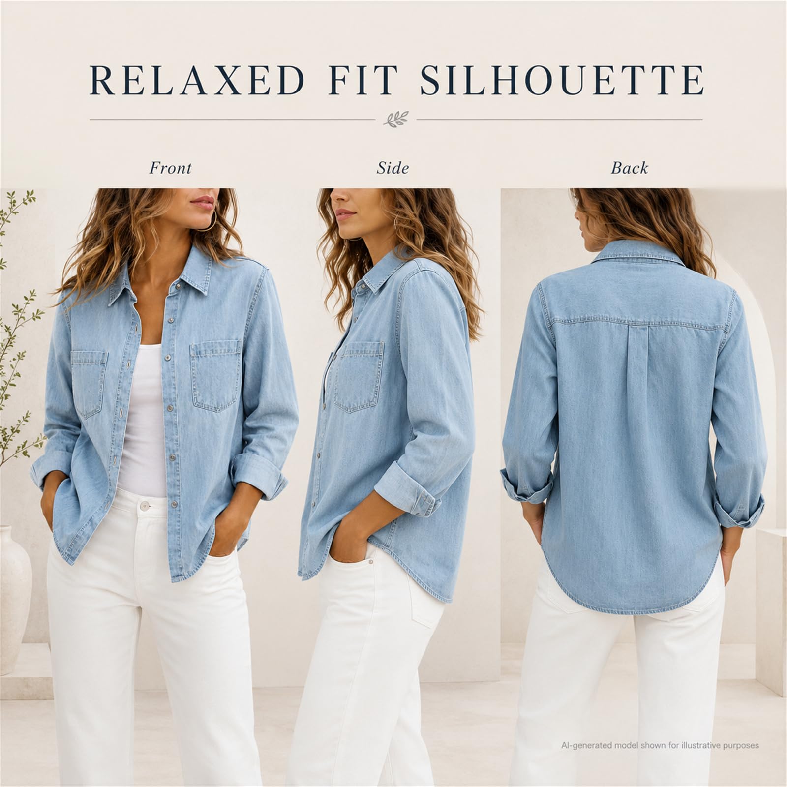 Camicia da donna in denim con bottoni, a maniche lunghe, leggera, in | Morbido tessuto denim leggero con vestibilità comoda e design con bottoni e tasche funzionali sul petto