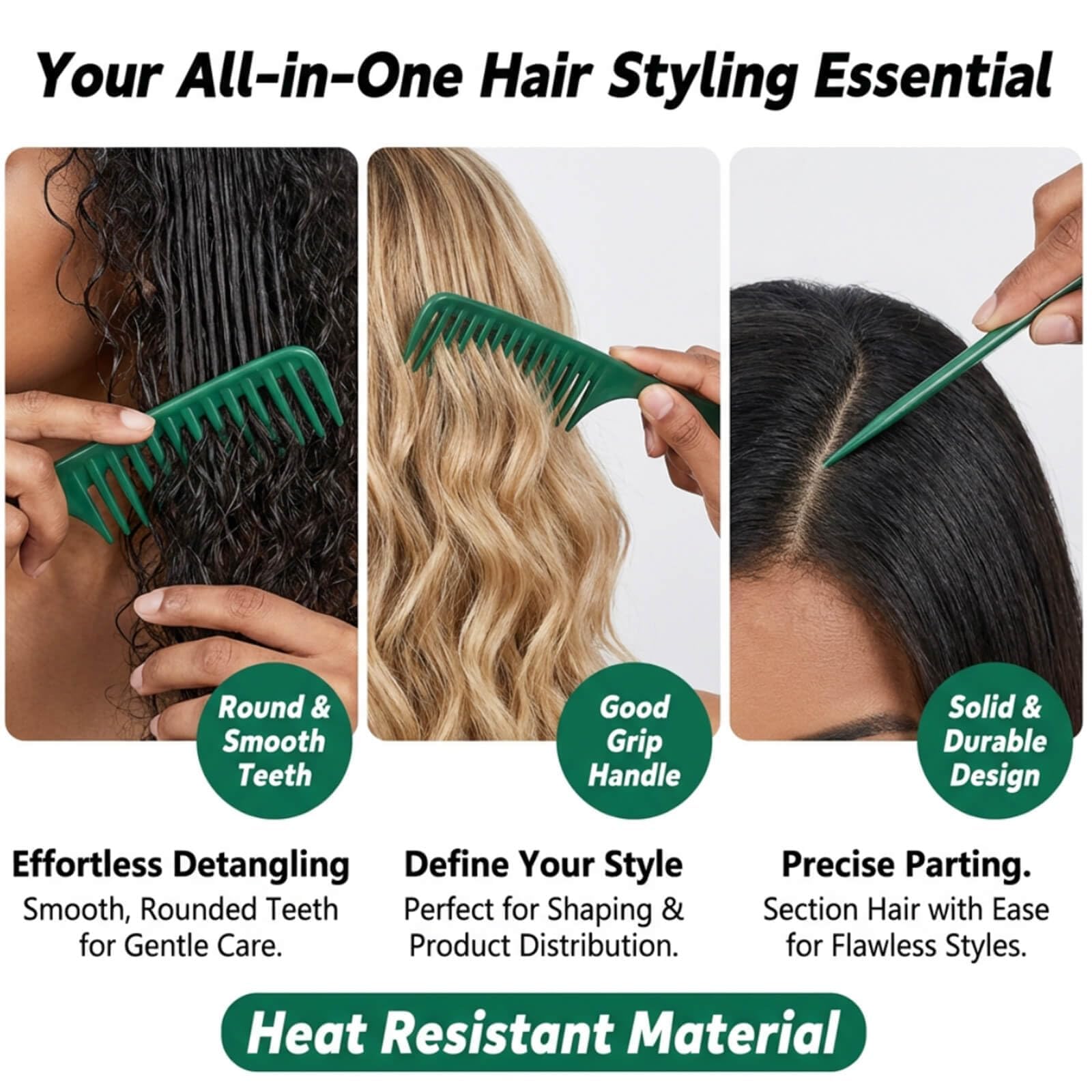 Paquete de 3 peines de cola de rata de dientes anchos, antiestáticos, resistentes al calor, para desenredar y separar para todo tipo de cabello rizado, húmedo y todo tipo de cabello