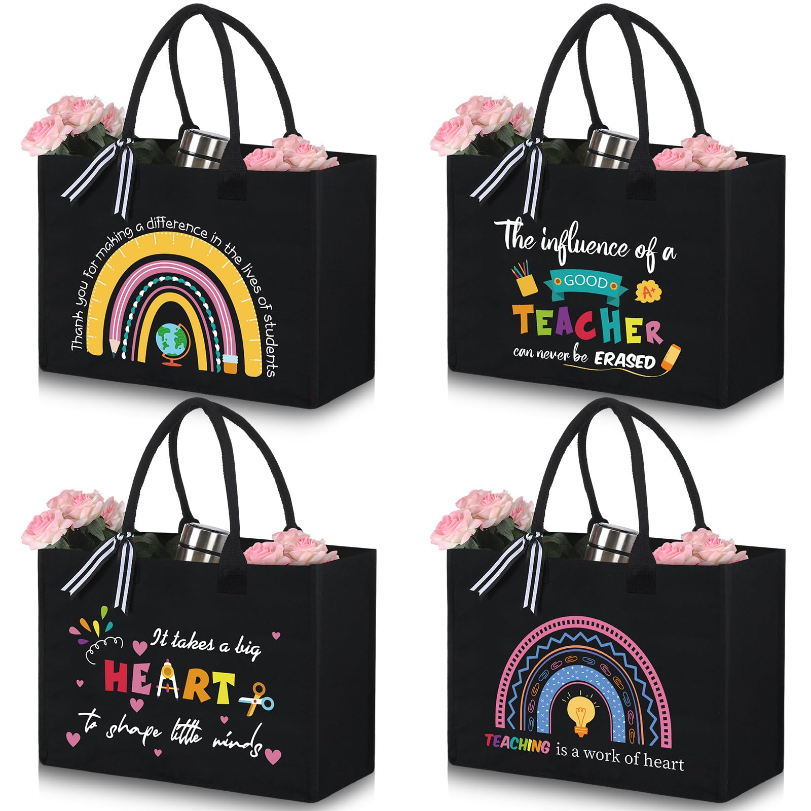 Huhumy 4 Pcs Funny Teacher Appreciation Tote Bag Gifts, Best Teacher Gifts Canvas Black Tote Bags for Women(Rainbow)