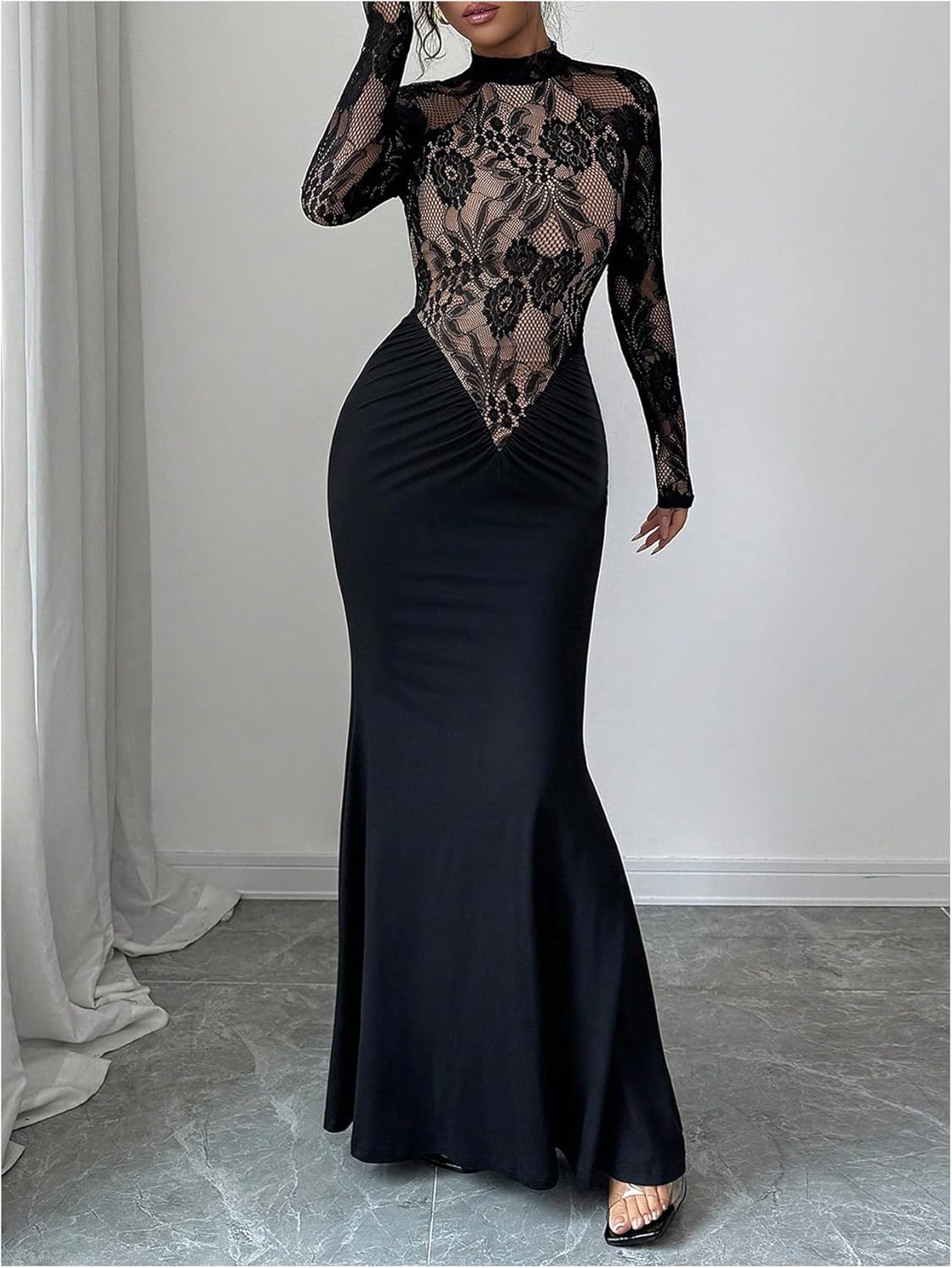 GORGLITTER Women's Lace Fishtail Maxi Dress Elegant Long Sleeve Mock Neck Cocktail Birthday Party Prom Fromal Dresses - Image 4