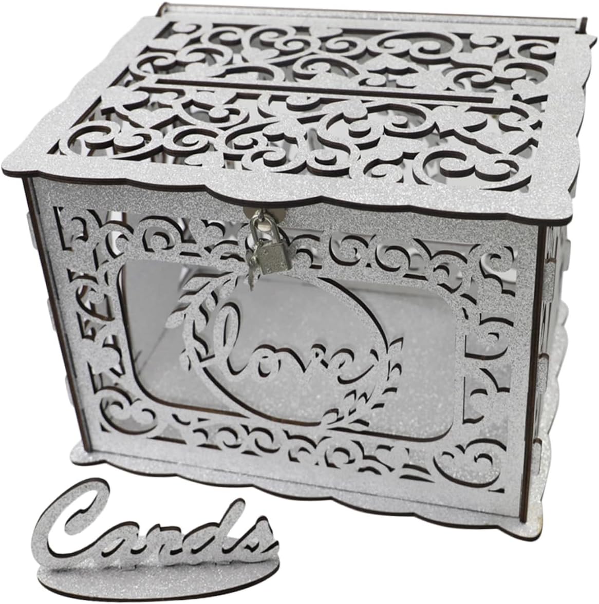MAGICLULU Wooden Hollow Card Box with Glitter Wedding Money Envelope Holder Anniversary Greeting Card Container for Birthday Party Decoration