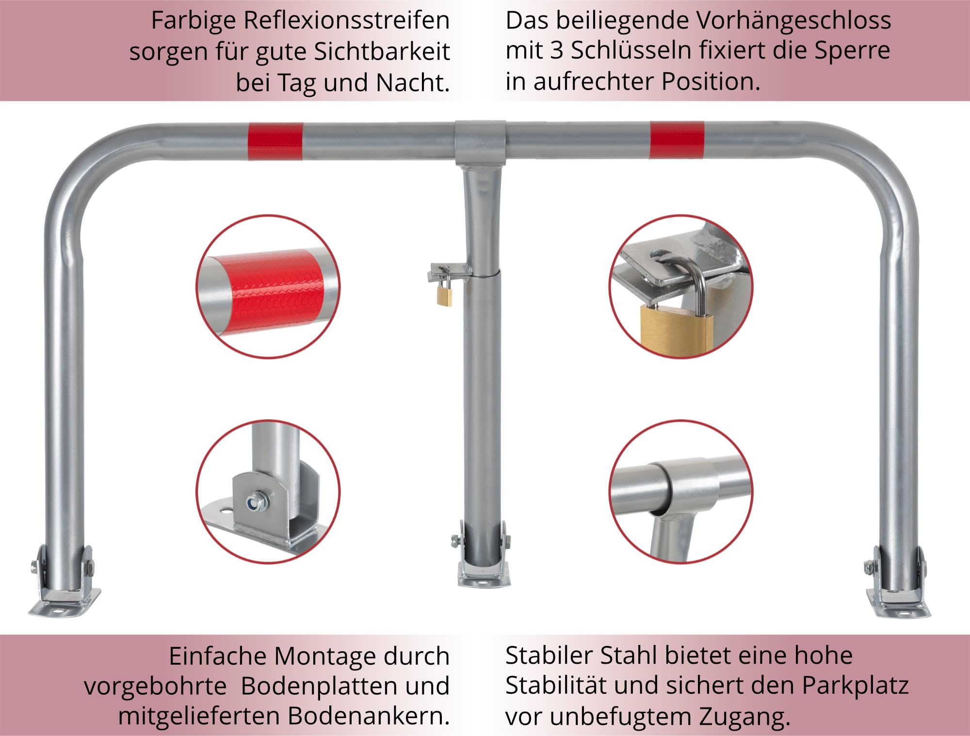 Stagecaptain PPB-81 SR Parkplatzbügel - stabile Parkplatzsperre aus galvanisiertem, pulverbeschichtetem Stahl - Abschließbar (3 Schlüssel inklusive) - Mit Reflektorstreifen und Montagematerial