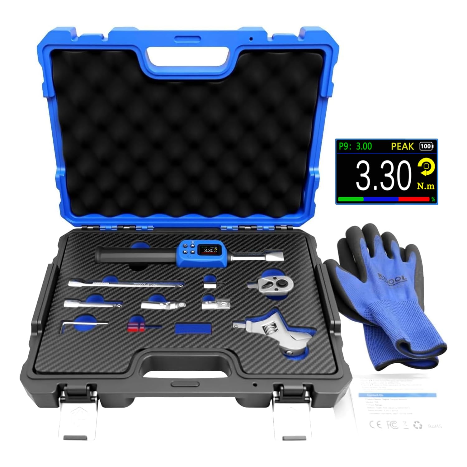 KTTOOL Adjustable Digital Torque Wrench, 5-99.6 Ft-lbs/6.8-135 Nm, HVAC Torque Wrench with 38 mm Adjustable Jaw, 3/8 Drive Ratchet, ±1% Accuracy, Color TFT Screen, Vibration, Buzzer and LED Indicator