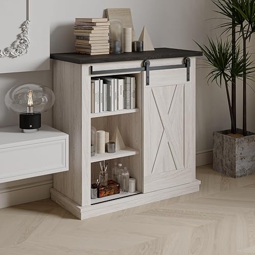 Miniatura 6 de OLD CAPTAIN Gabinete de barra de café de 32 pulgadas con puerta corrediza de granero, gabinete de madera con estantes ajustables, almacenamiento