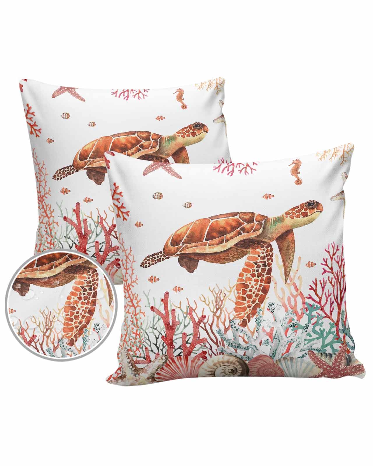 Sea Turtle Coral Outdoor Pillow Covers Waterproof,All Weather Cushion Case Set of 2 Decorative Pillowcases for Sofa Couch Bed Decor Patio Furniture 24