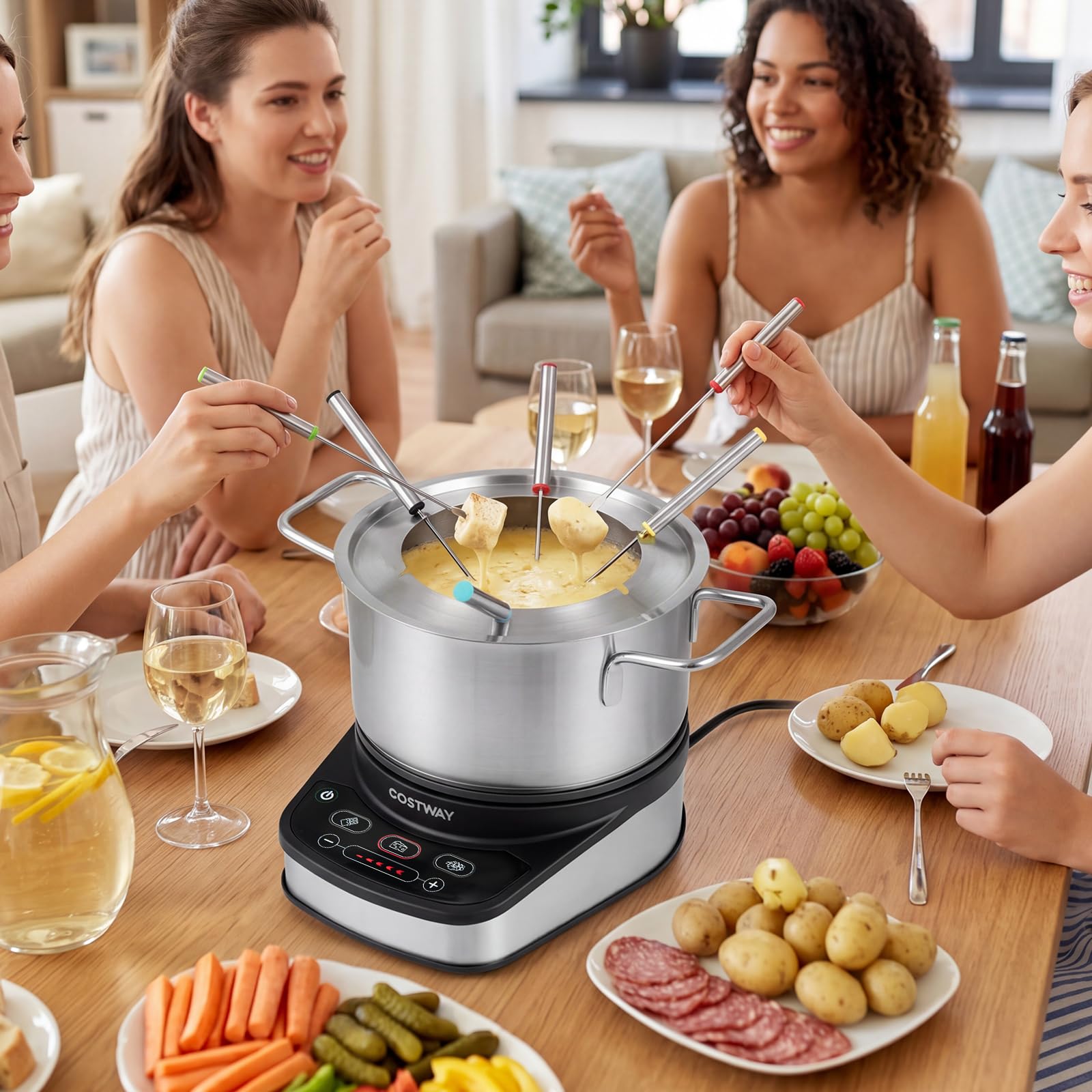 COSTWAY Elektryczny zestaw do fondue, 1200 W, ze zdejmowanym garnkiem ze stali nierdzewnej 3 l, 6 widelców oznaczonych kolorami i regulacją temperatury, nadaje się do mycia w zmywarce, do sera