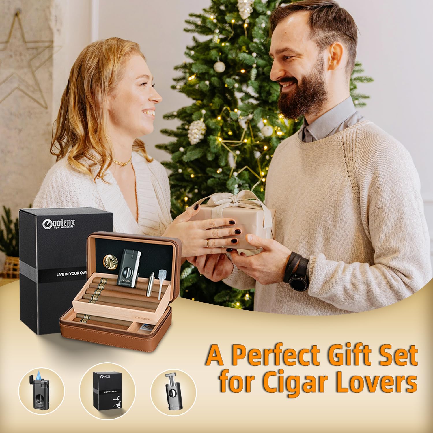 Humidor Zigarren, Zigarrenetui Leder mit Feuerzeug, Tragbarer Reisehumidor mit Zedernholzeinlage Hält bis zu 10 Zigarren, Tolle Zigarren Geschenk Set für Männer (Braun)
