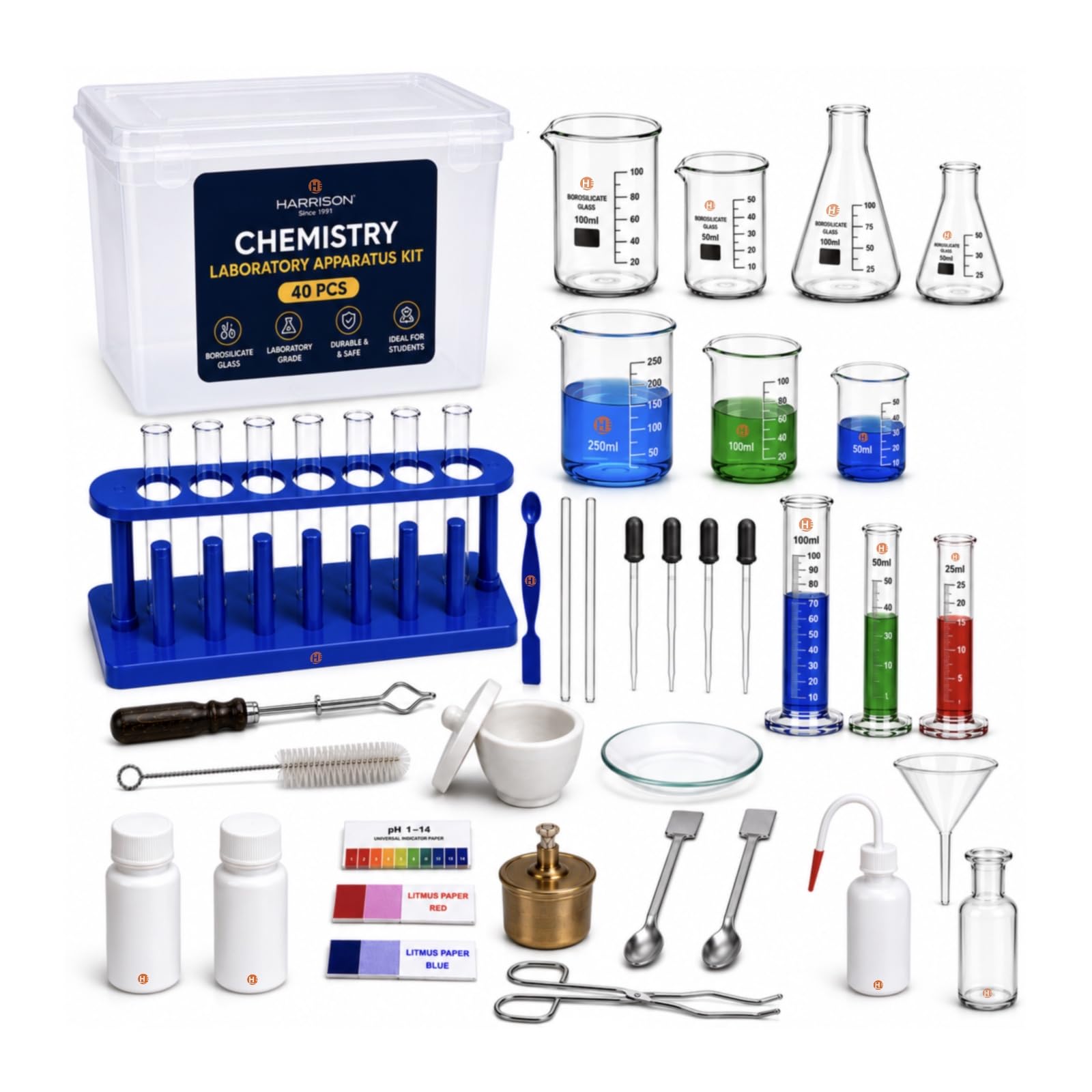 Chemistry Laboratory Apparatus Kit | 40 Pieces Borosilicate Glass & Plastic Lab Equipment Set | Science Experiment Kit for Students, Schools, Colleges & Laboratories | Harrison® Since 1991-image-36