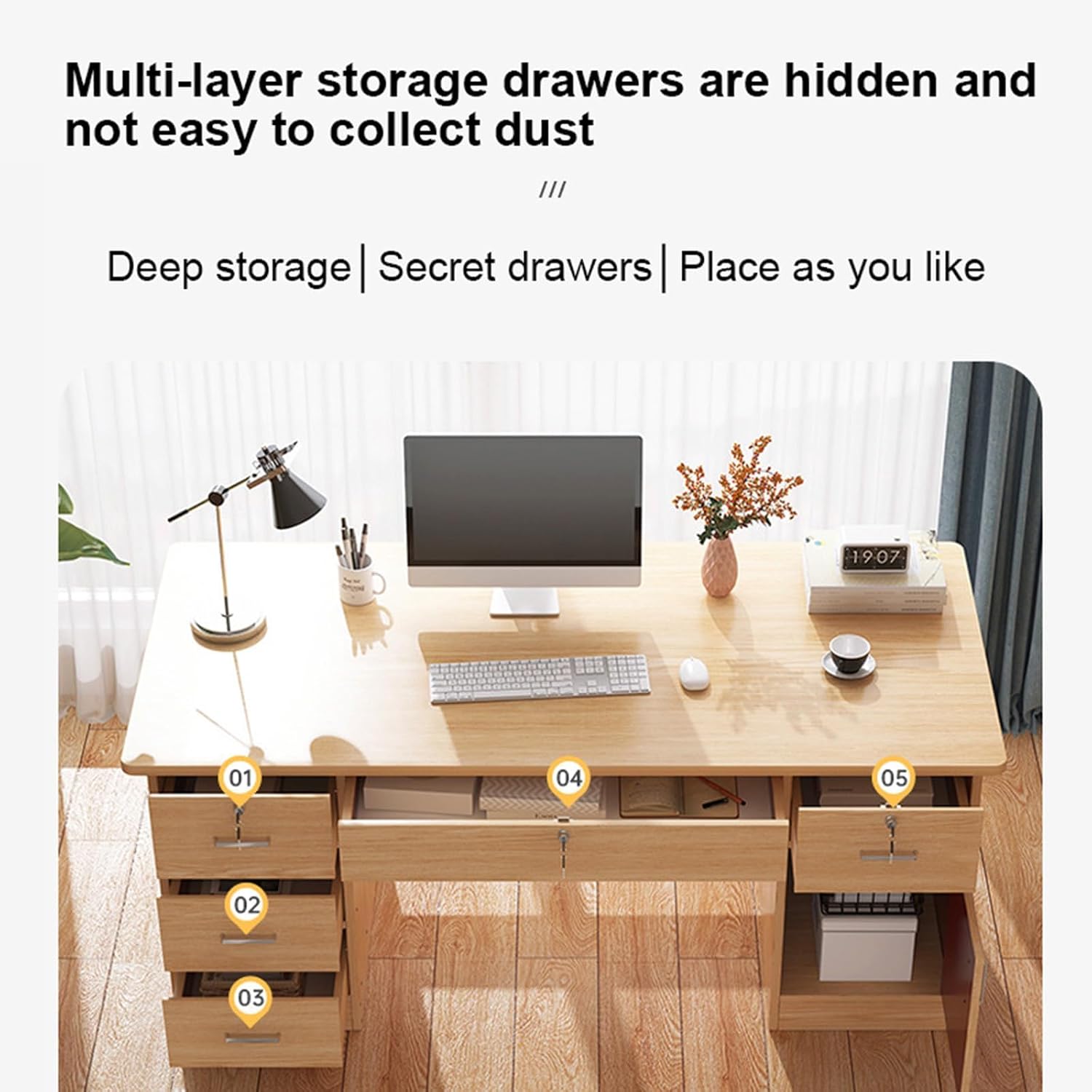 Wood with 3 Drawers,Modern Executive Desk with Storage,PC Table Workstation with Locking Drawer,for Study,Living Room,Bedroom(140 * 60 * 74cm, Wood) Wood with 3 Drawers,Modern Executive Desk with Storage,PC Table Workstation with Locking Drawer,for Study,Living Room,Bedroom(140 * 60 * 74cm, Wood)