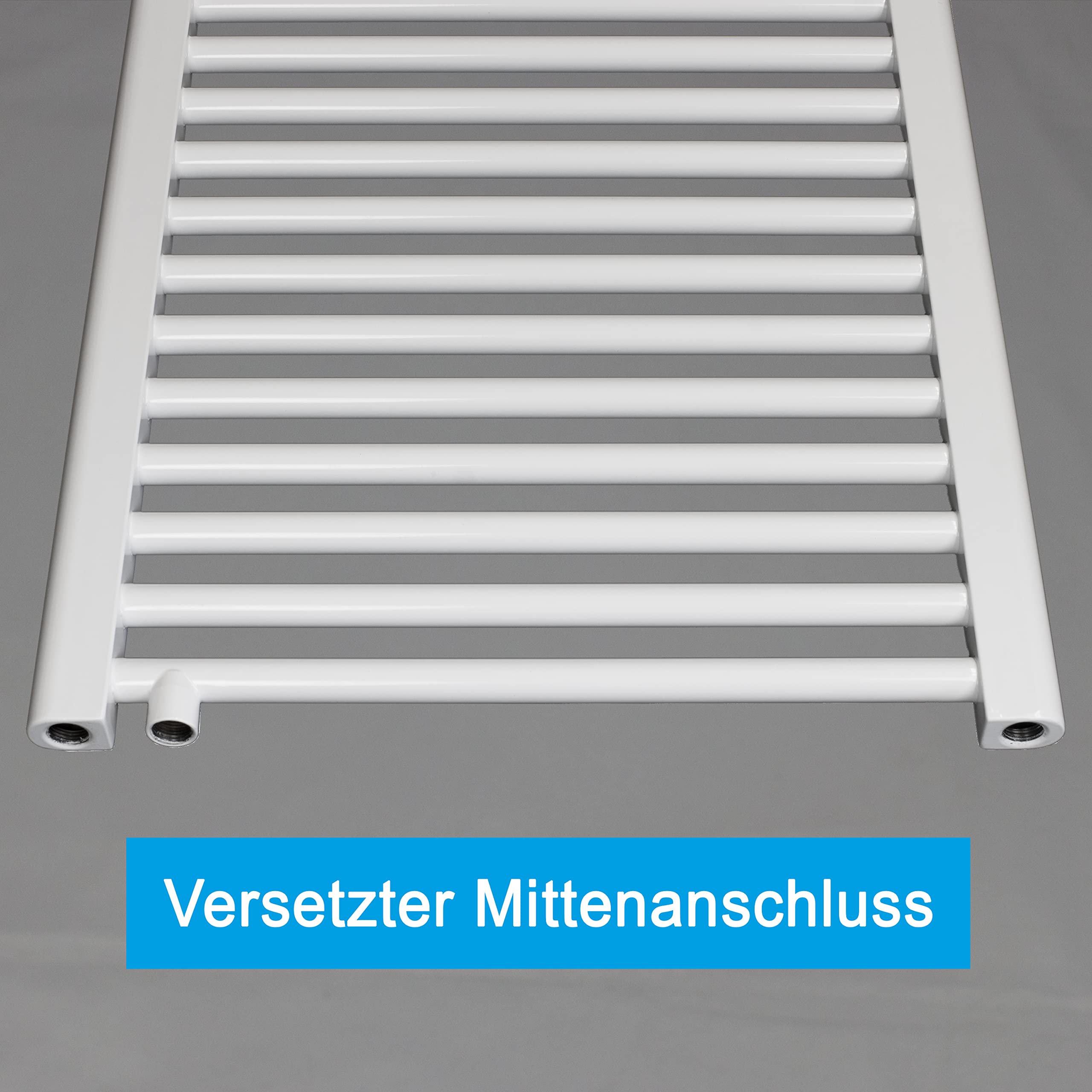 Badheizkörper Handtuchheizkörper mit Anschluss links oder rechts | Heizkörper mit versetztem Mittelanschluss (1732 x 600, Weiß) (899 Watt nach EN442)