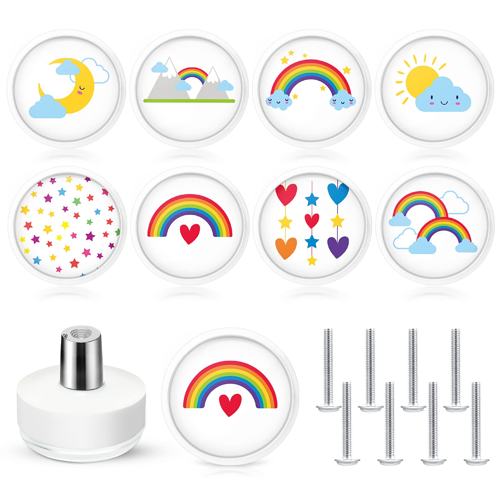 Rainbow Drawer Knobs Round Glass Dresser Knobs with Screws Rainbow Decorative Pulls Furniture Knobs Pull Handle Decor for Kids Girls Boys Bedroom Cabinet Nursery Closet (Cute, 8 Pcs)