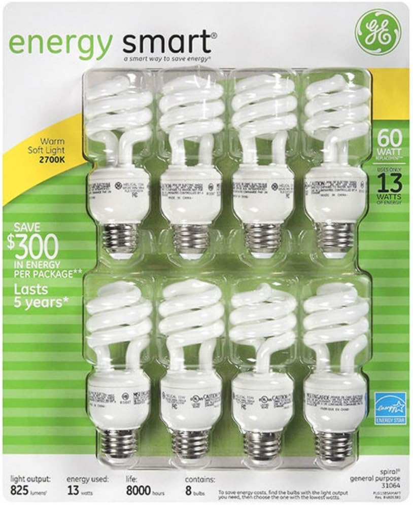 GE13-Watt Energy Smart Fluorescent Light Bulbs, 8 Pack, 60 Watt Replacement
