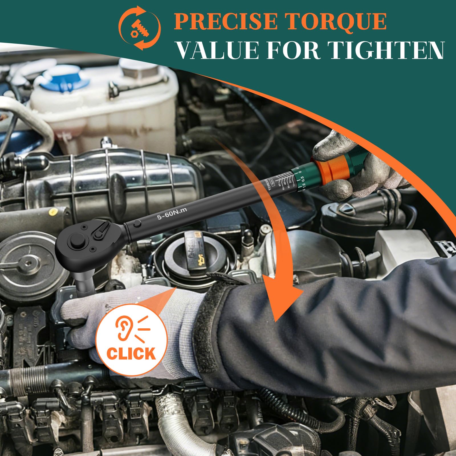 16-częściowy klucz dynamometryczny 3/8 cala, 5-60 Nm, dokładność ±3% | 72 zęby, z przedłużeniem 250 mm, przegubem uniwersalnym, tuleją świecy zapłonowej, do roweru, motocykla i samochodu