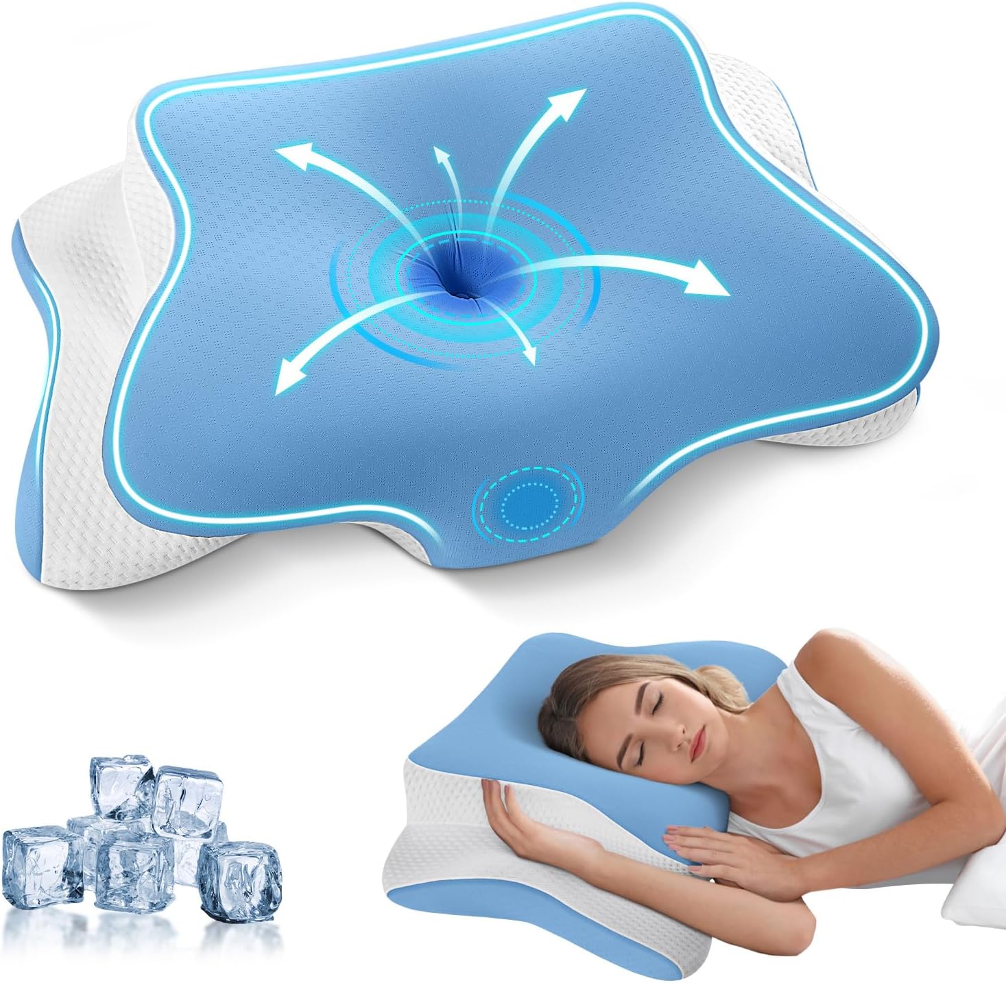 JINXIA Memory Foam Pillow, Cervical Pillow for Neck and Shoulder Pain, Orthopedic Ergonomic Neck Support for Side, Back and Stomach Sleepers, with Washable Cooling Ice Silk Cover, Blue