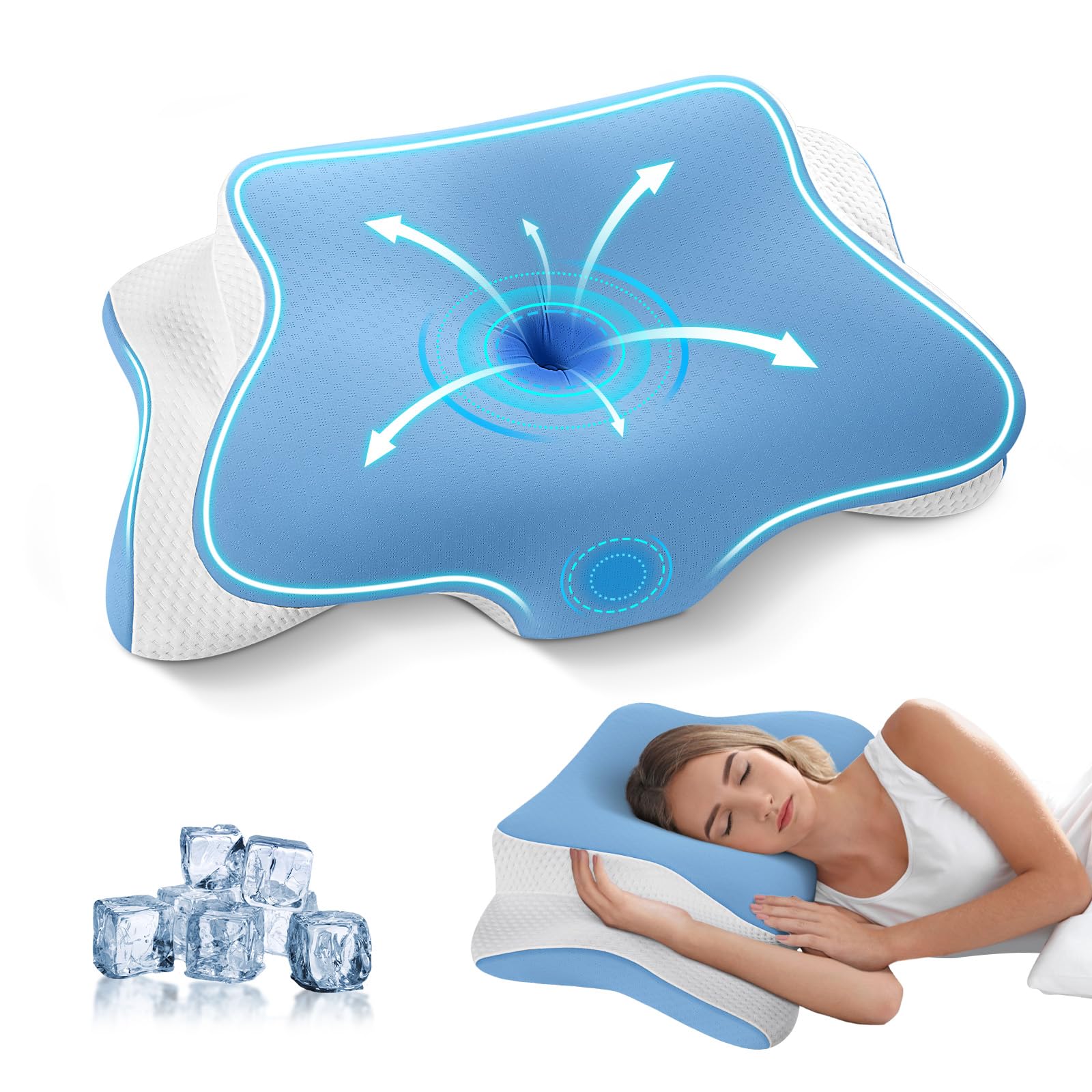 JINXIAMemory Foam Pillow, Cervical Pillow for Neck and Shoulder Pain, Orthopedic Ergonomic Neck Support for Side, Back and Stomach Sleepers, with Washable Cooling Ice Silk Cover, Blue
