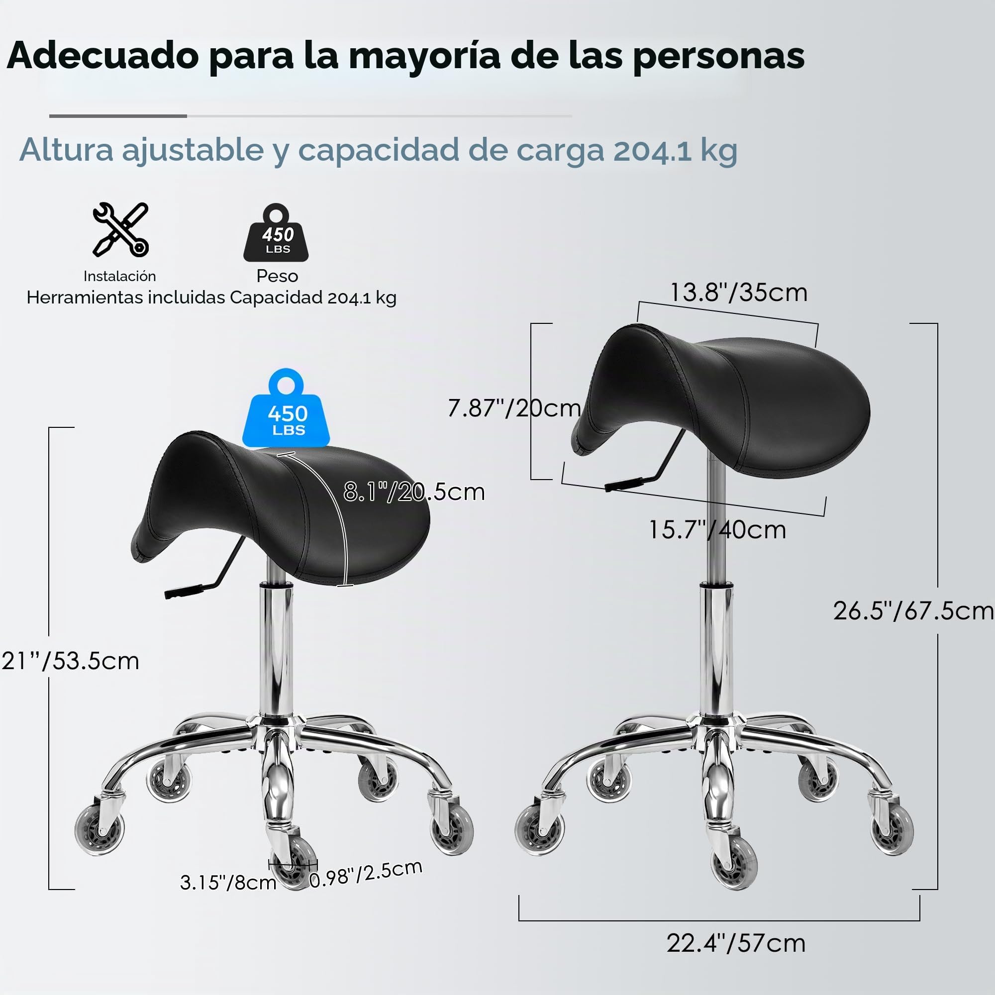BEWISHOME Taburete con Ruedas,Taburete Giratorio Ajustable,de Piel Sintética Resistente con cojín Ancho,Ergonómico para Salones de Belleza,Spas y Clínicas (Negro)
