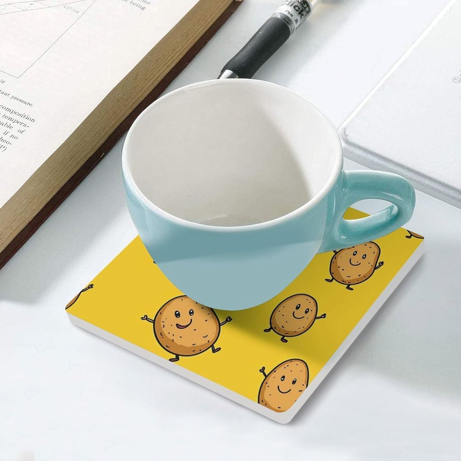 Cute Potatoes Coasters for Drinks Square Table Coasters Set Cup Mats with Cork Base