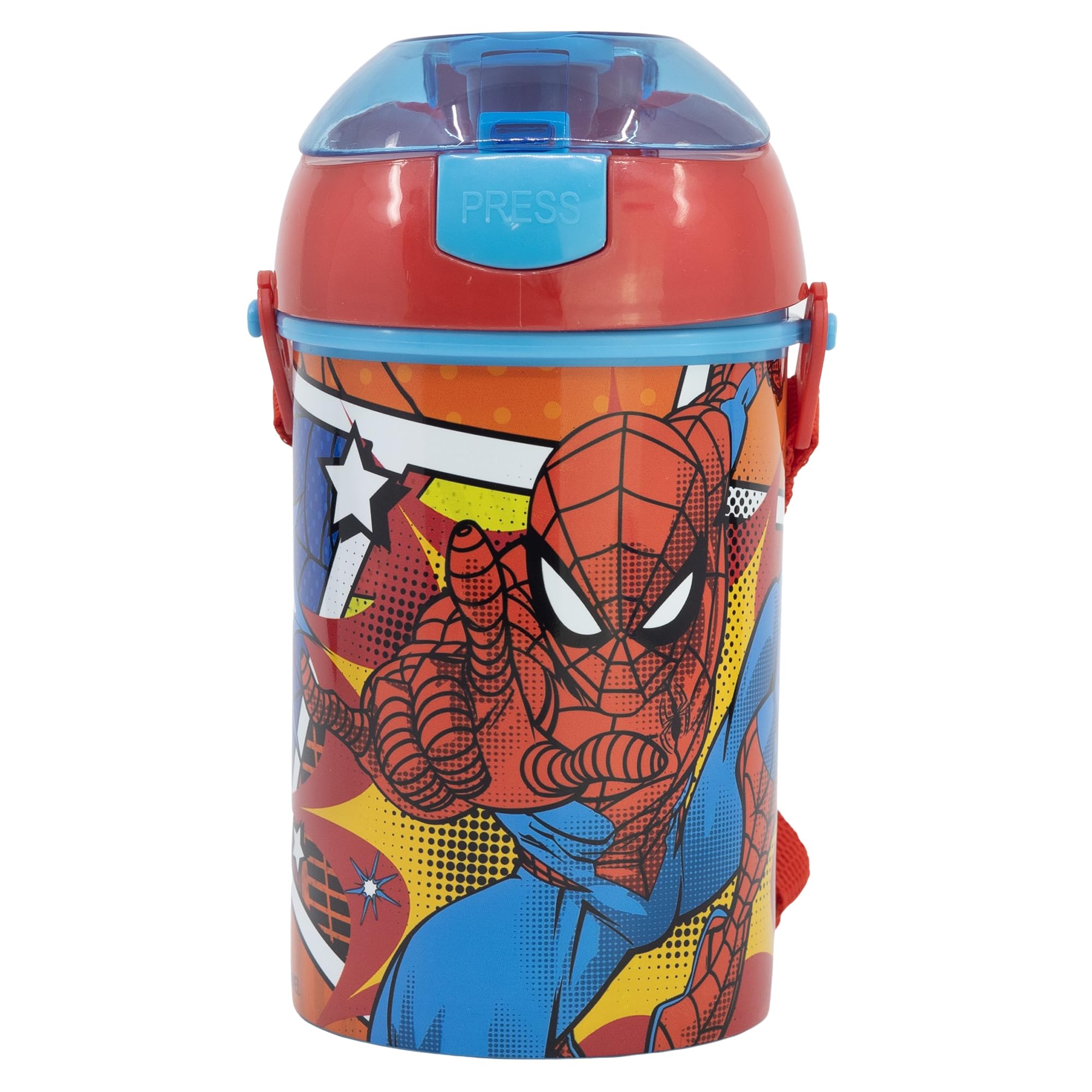 Om Supplies Spiderman Pop Up Water Bottle Drink Bottle Flask With Neck Cord For Easy Carry School Lunch Kids Childrens 450Ml (Spiderman)
