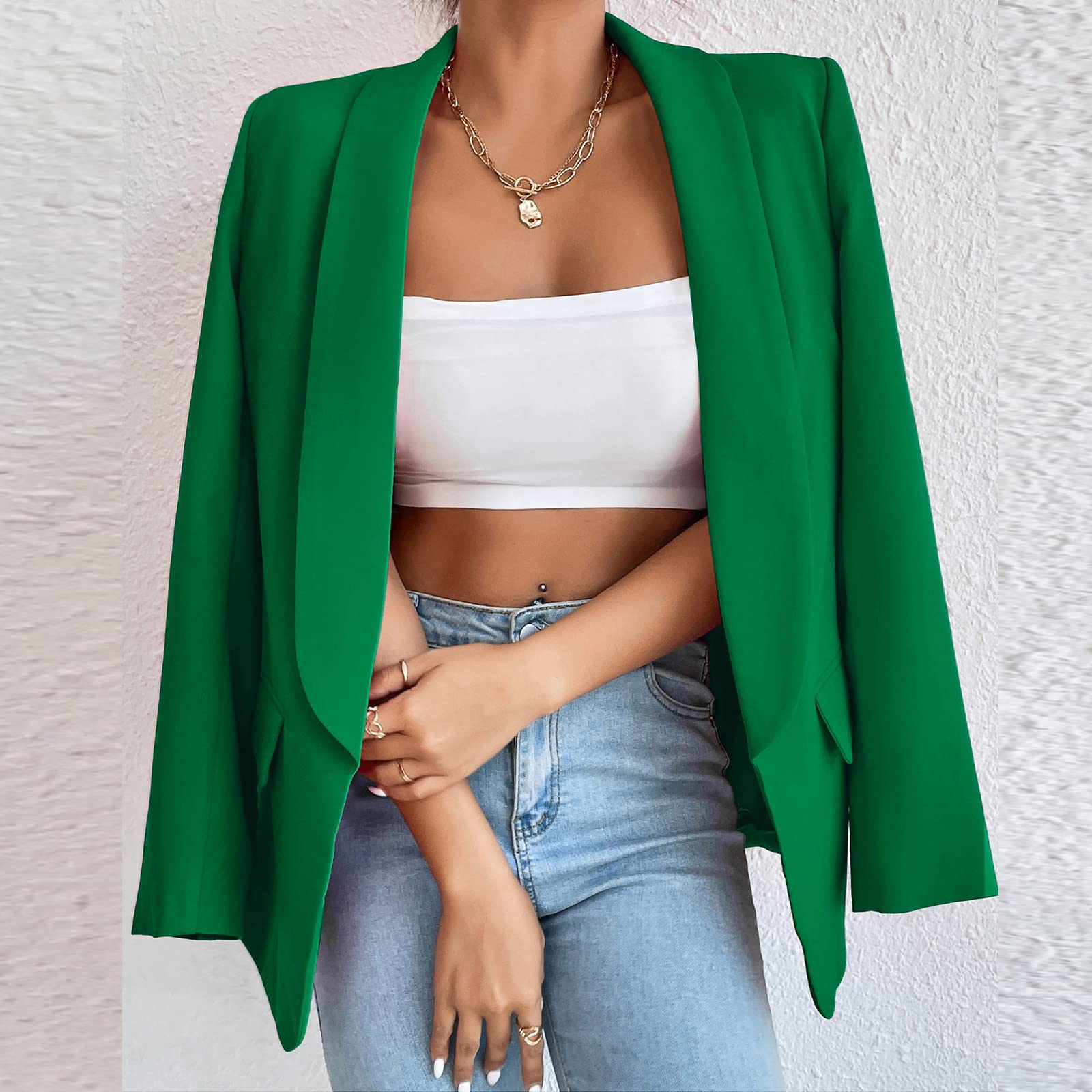 Blazer largo casual para mujer, con frente abierto, chaqueta de trabajo de oficina con bolsillos