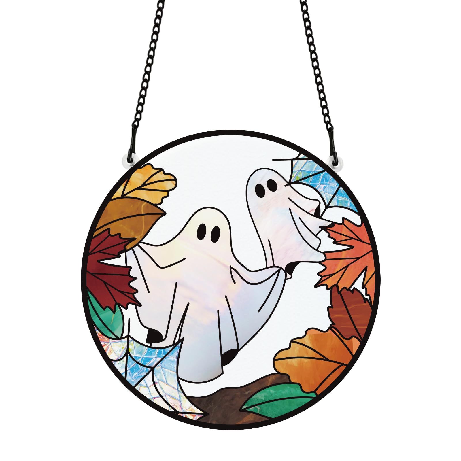 PLIGREAT Halloween Ghosts Stained Suncatcher Window Wall Art Hanging Ornament Painted Colorful Acrylic Glass Panel Crafts for Festival Theme Party Garden Home Indoor Outdoor Hanging Decoration