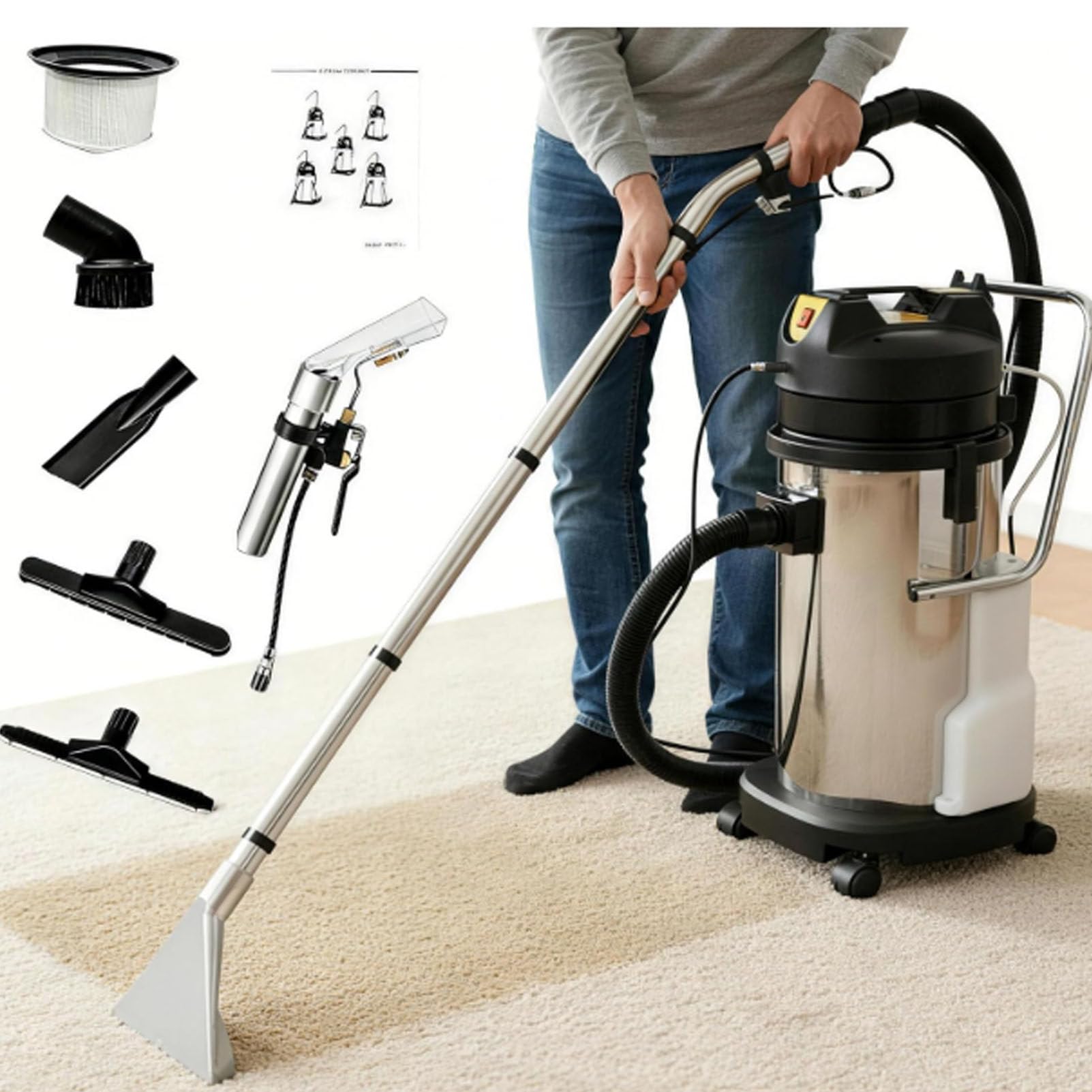 Machine de nettoyage de tapis commerciale, nettoyeur de tapis professionnel 3 en 1 avec pulvérisation, brosse, extracteur, aspirateur et lavage, nettoyeur de tapis portable pour nettoyage à sec 40L