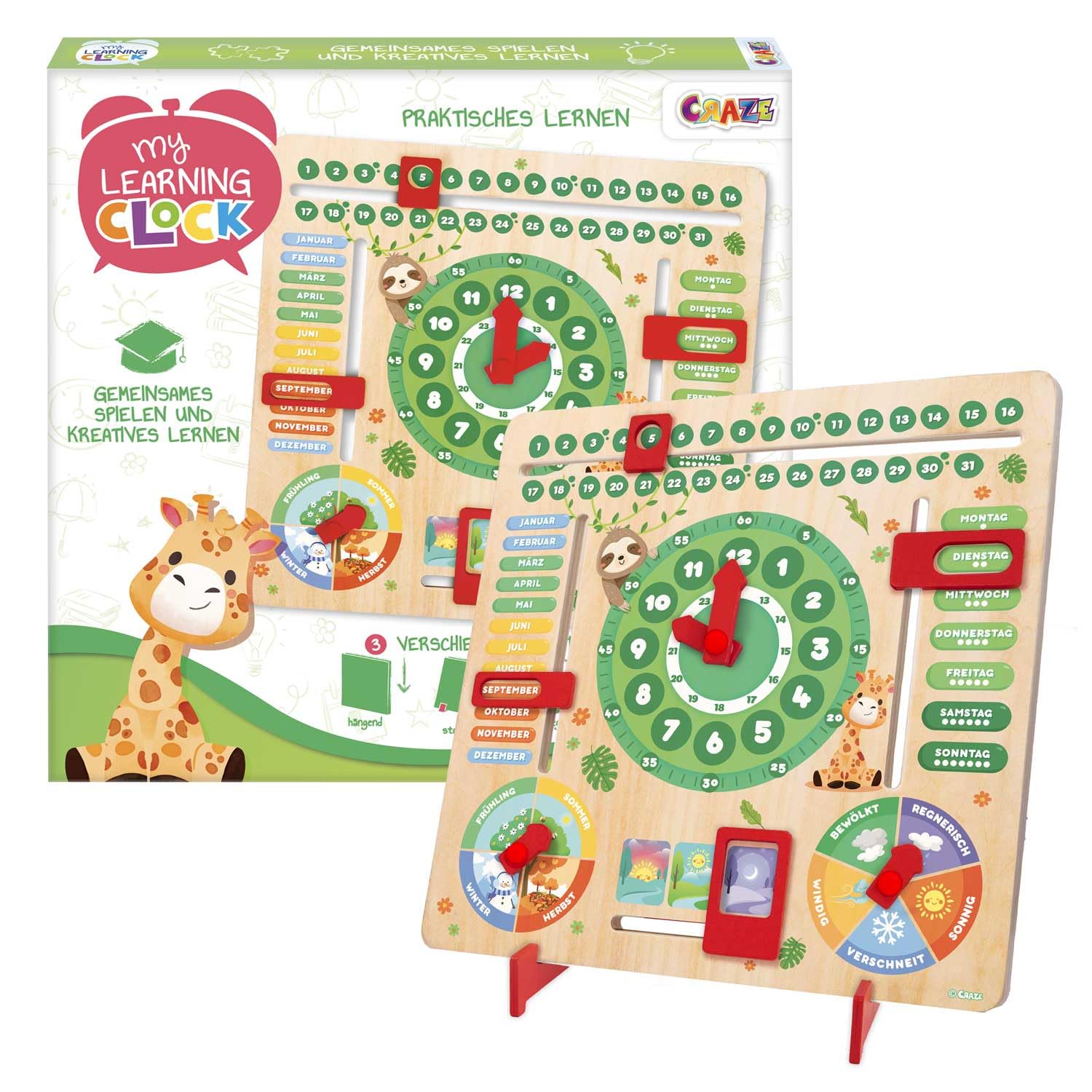 CRAZE My Learning Clock Animals – Lernuhr für Kinder aus Holz, Kalenderuhr zum Lernen für Kinder , Lerntafel Uhr Jahreszeiten Wanduhr, grün