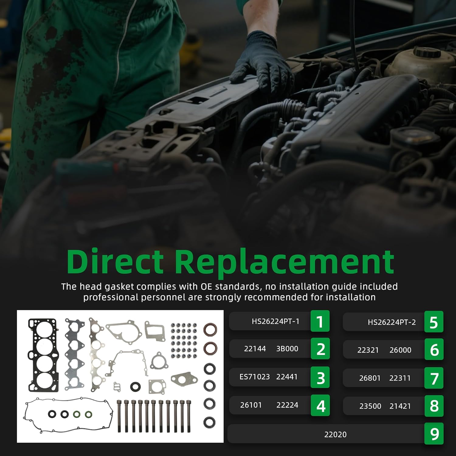22311-26101 Cylinder Head Gasket Set with Head Bolt Kit, for Hyundai Accent 1.6L DOHC 16v 06-11, for Kia Rio 1.6L DOHC 16v 06-11#OE ES71023 HS26224PT-1, HS26224PT-2, 22211-26600, 22212-26050