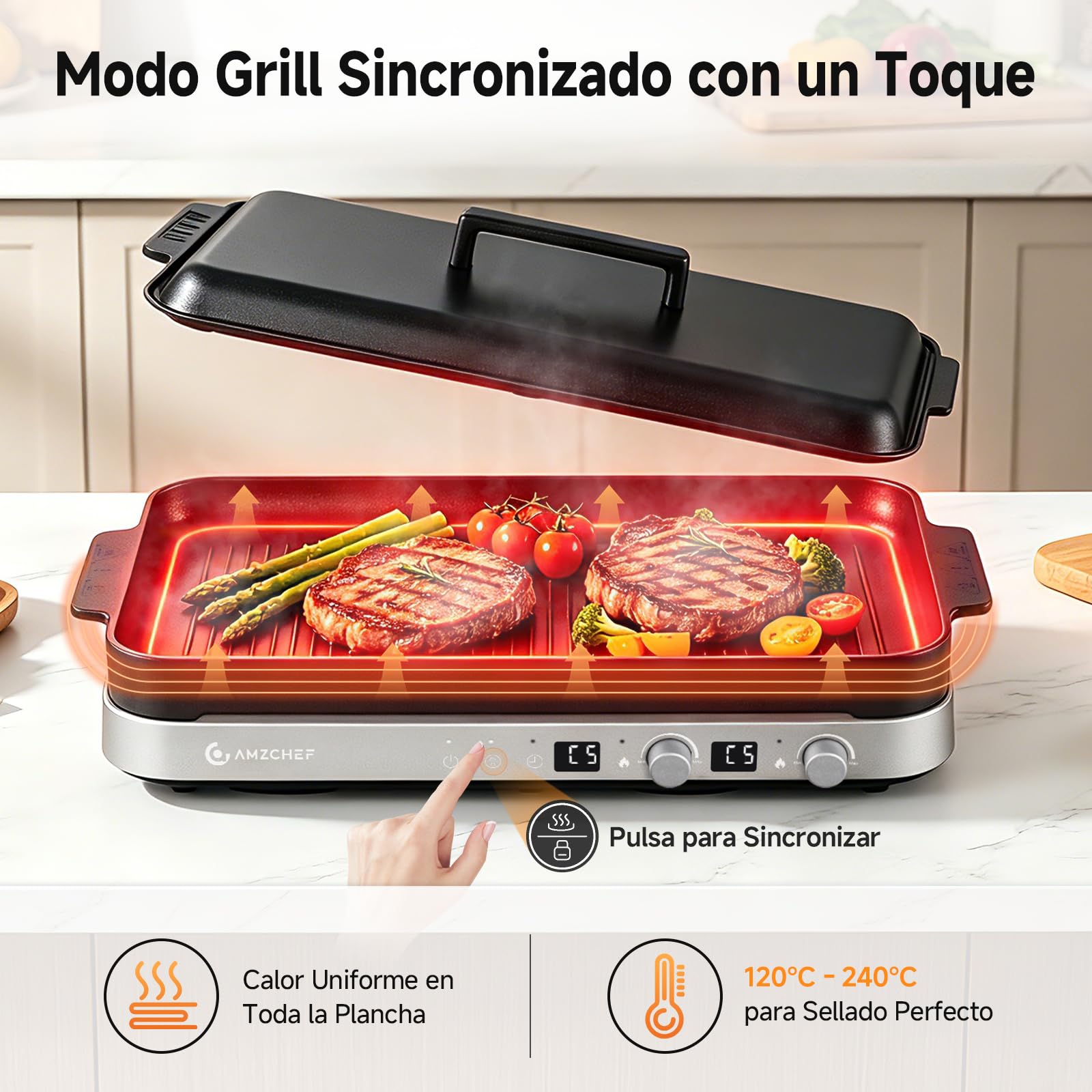 AMZCHEF 3000W Placa de Inducción Doble, Placa de Inducción 2 Fuegos Portátil con Plancha Grill Extraíble, 9 Niveles de Potencia/Temperatura, para Barbacoa Interior y Autocaravana, Gris Hierro