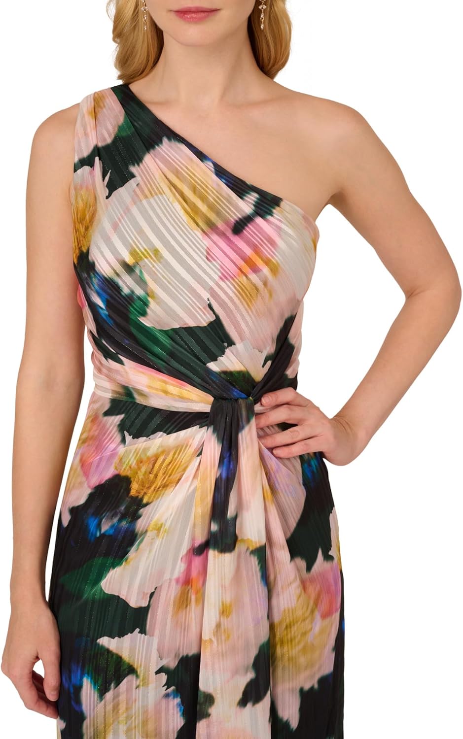 Adrianna Papell Women's One Shoulder Chiffon Gown | Long Evening Gown with Pleated Skirt, Fitted Bodice & Side Leg Slit, Black/Blush Multi 6 - Image 4