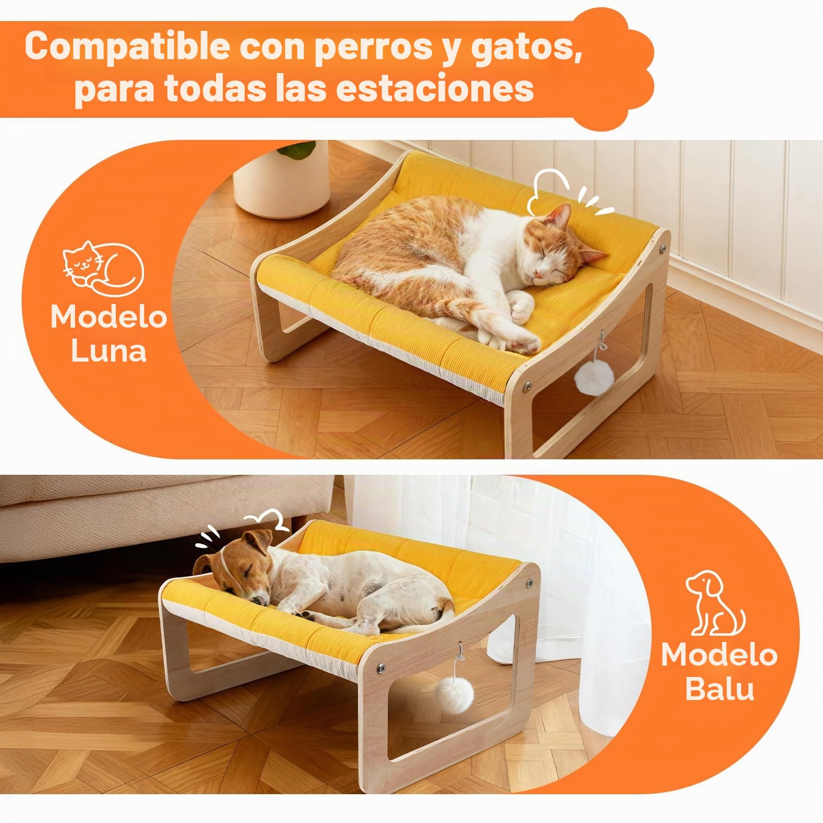 Cama elevada para gatos de madera, sofá para gatos amarillo sol, 53 x 40 cm, silla de gato moderna con funda de colchón extraíble, soporta hasta 15 kg
