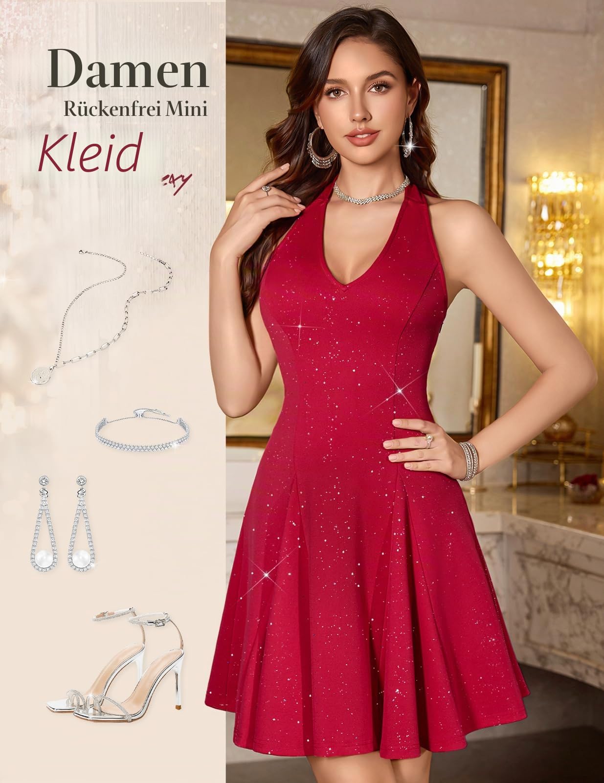 Homrain Glitzer-Strass-Sparkle-Kleid für Damen, Elegantes Homecoming-Mini-Kleid, Sexy Club-Kleid mit Halterneck, Cocktailkleid für Herbst