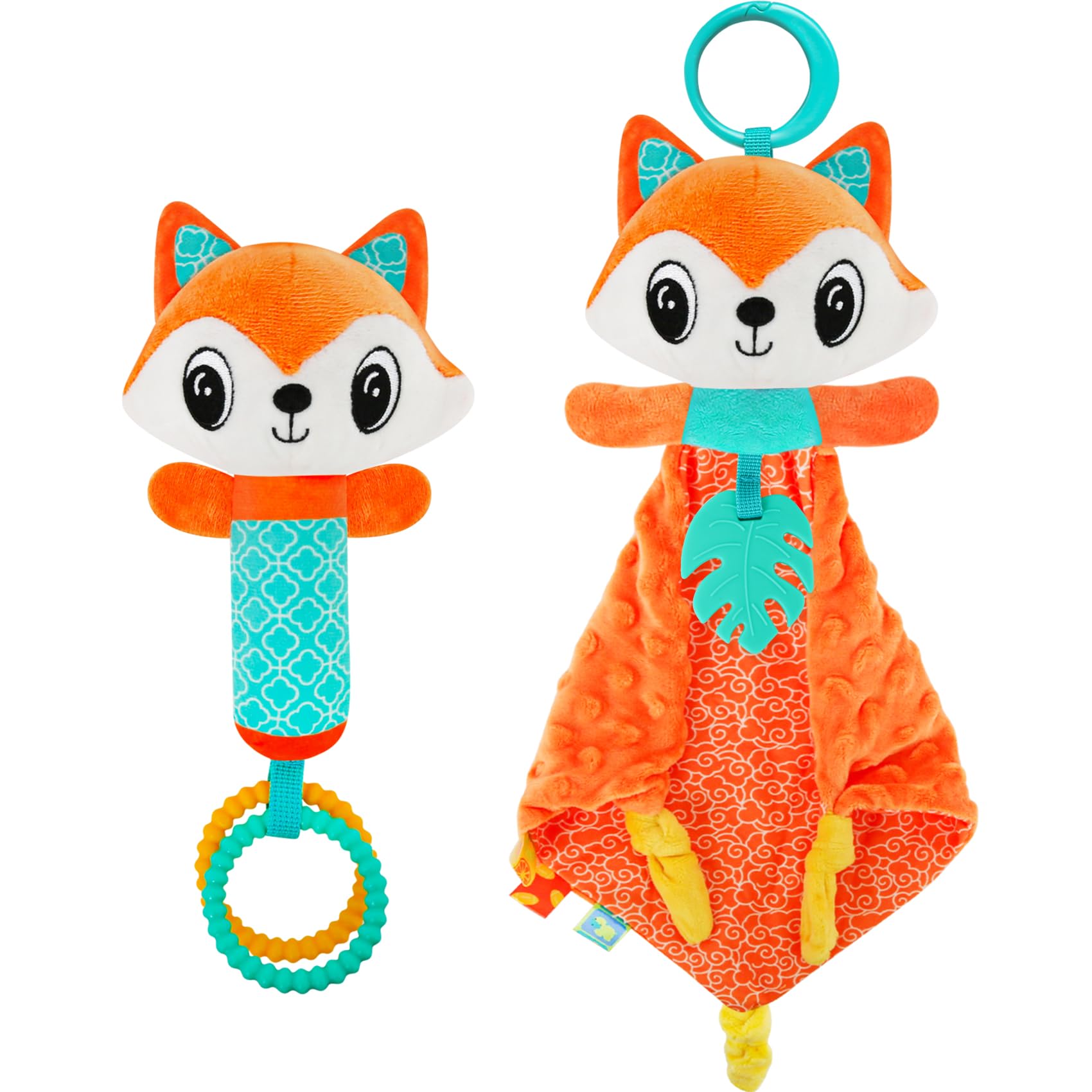 Baby Lovey Fox Stuffed Animal for Baby Boys and Girls, Security Blanket and Hand Shaker Set Newborn Stuffed Hanging Animal Plush Snuggle Toy