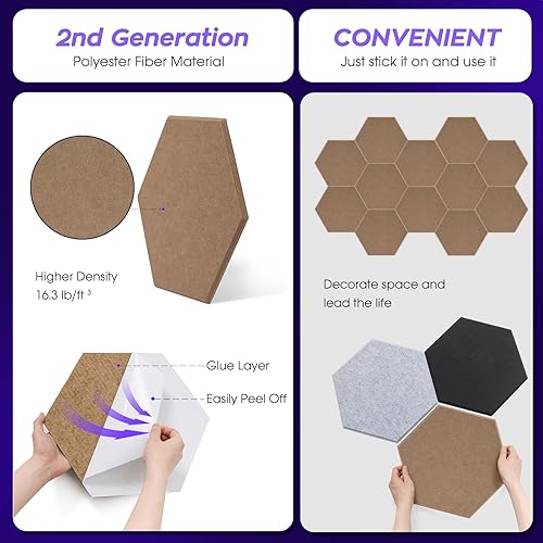 Miniatura 4 de Paquete de 12 paneles acústicos autoadhesivos insonorizados hexagonales, 14 x 12 x 0.4 pulgadas, paneles de pared acústicos de alta densidad para