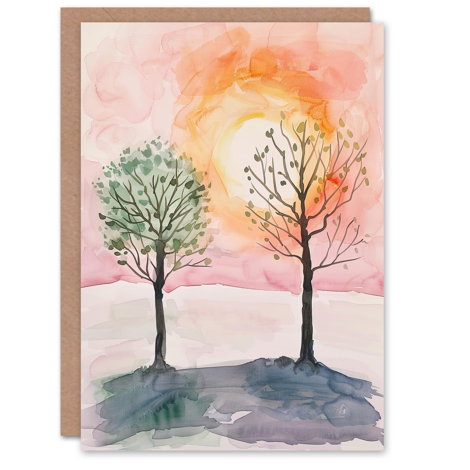 Artery8 Greeting Card Two Summer Trees Sunset Landscape Pink